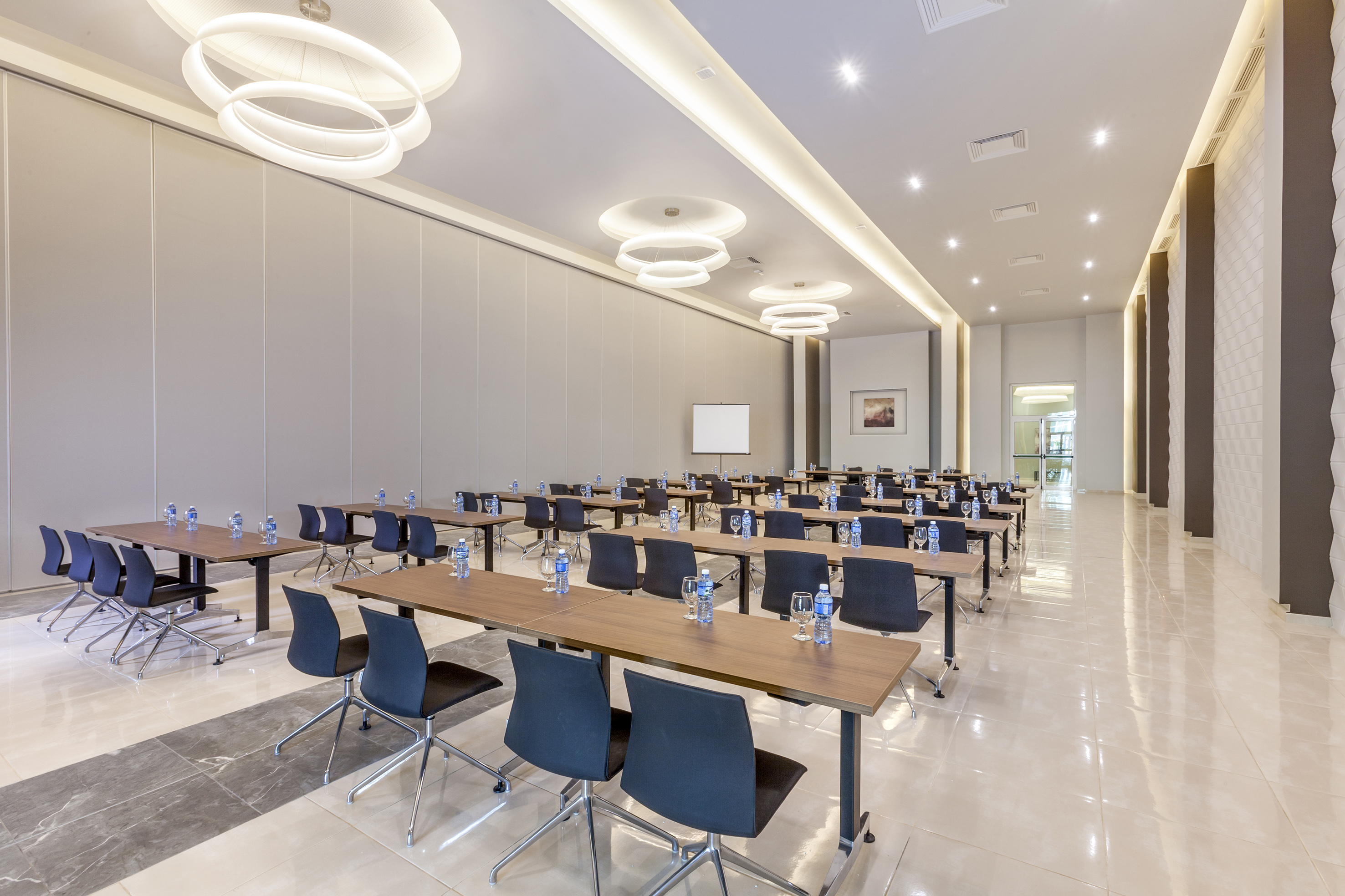 a room with tables and chairs