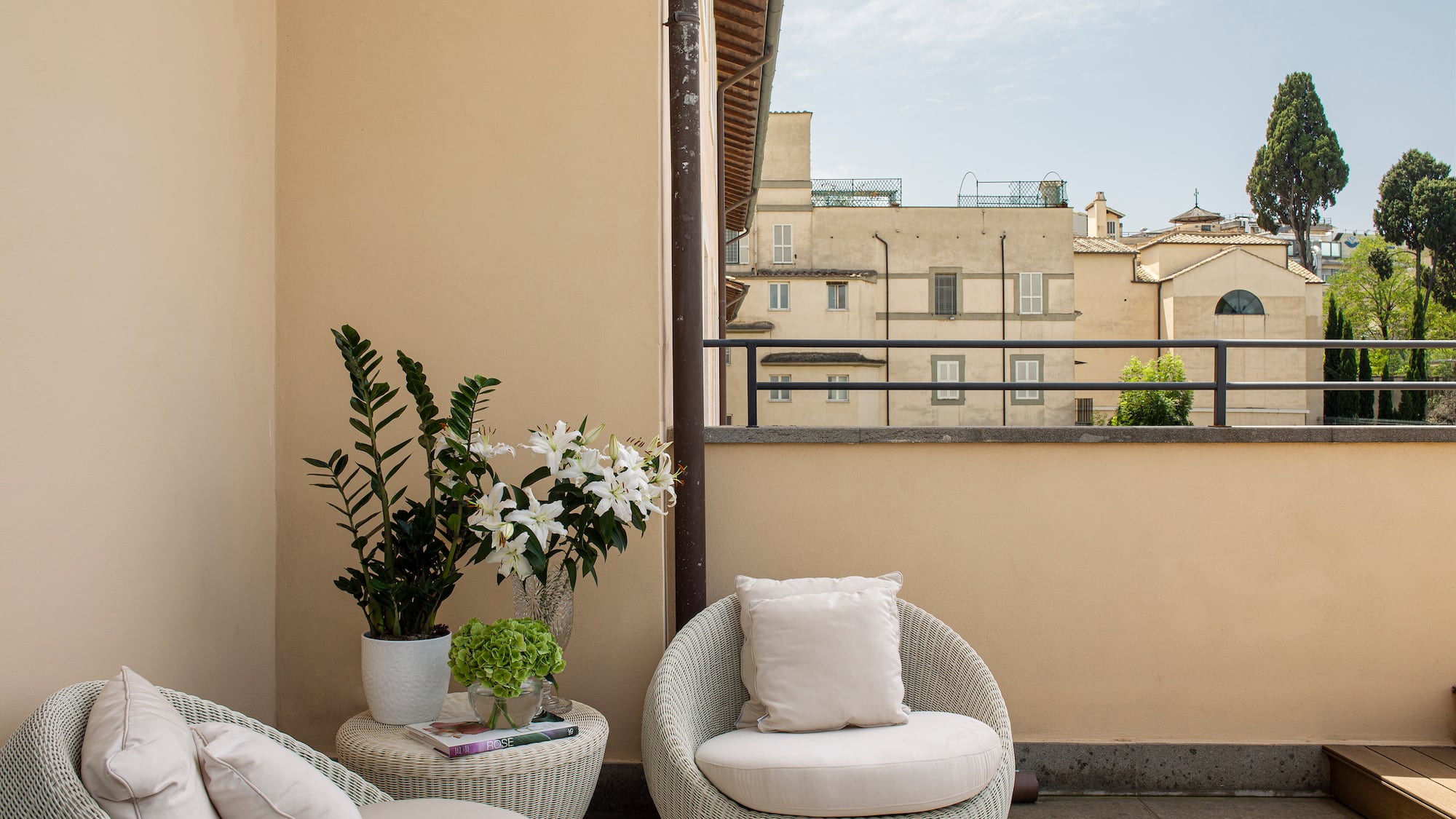 a chair and table on a patio