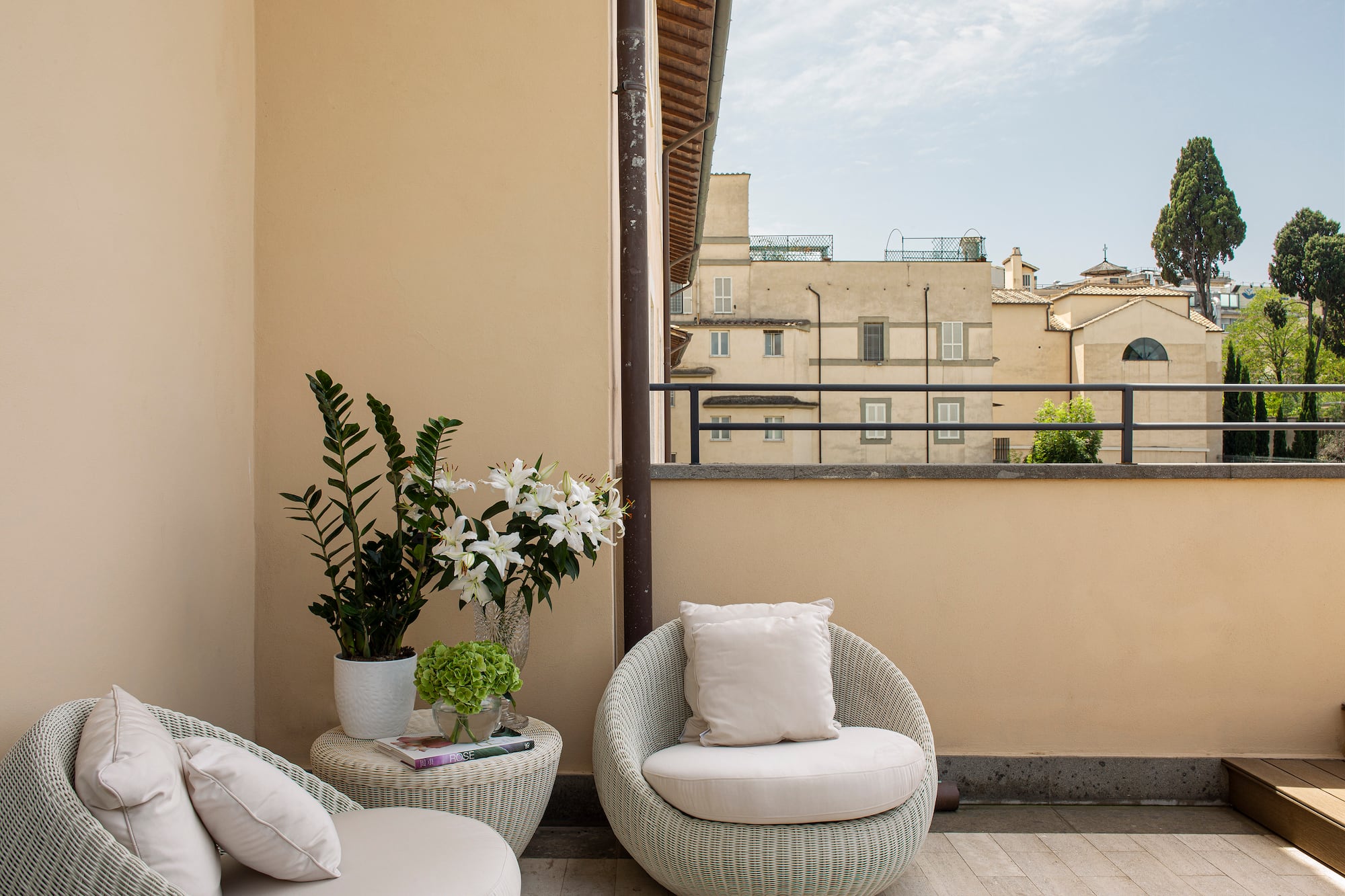 a chair and table on a patio