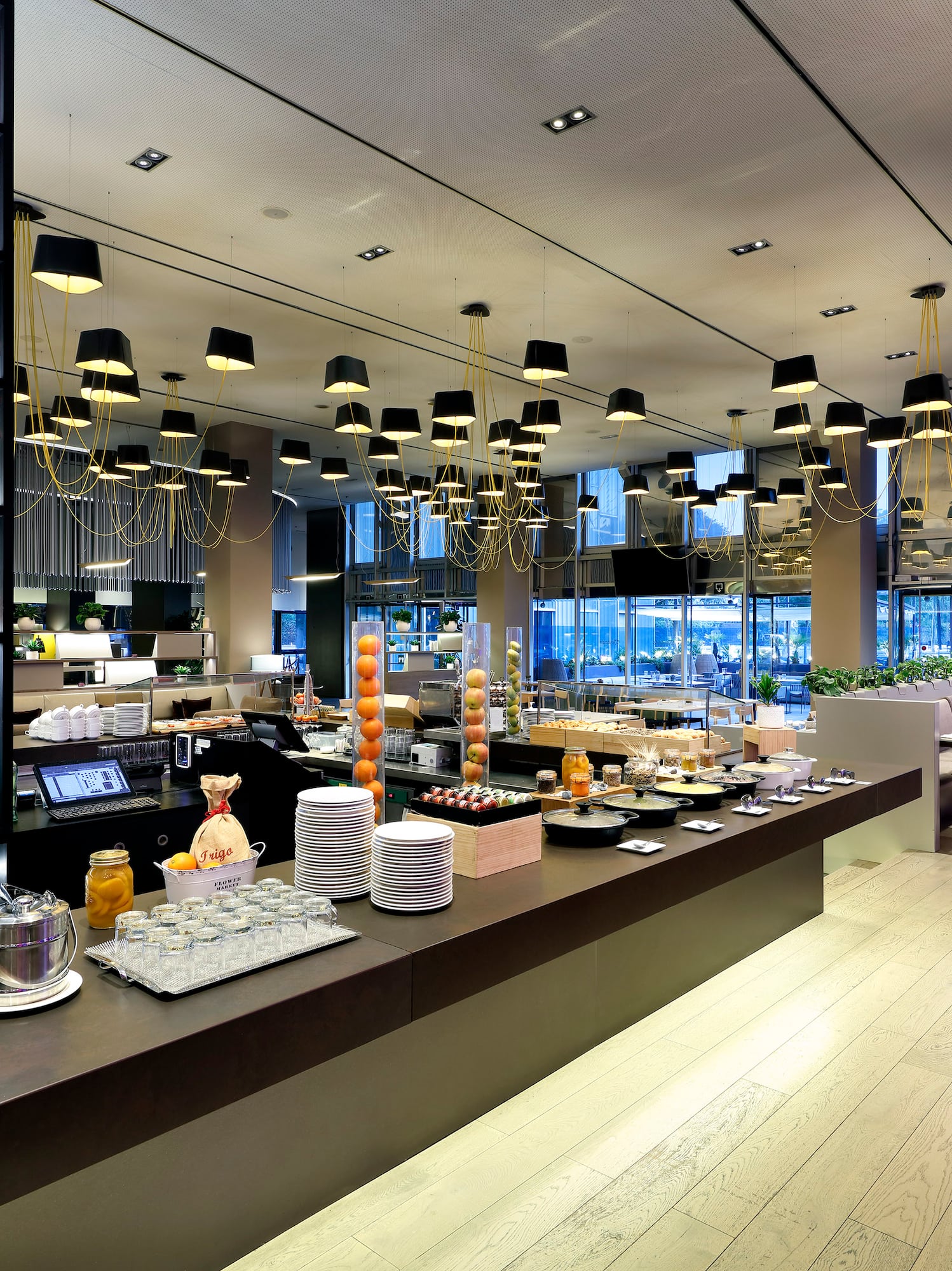 a restaurant with many tables and chairs