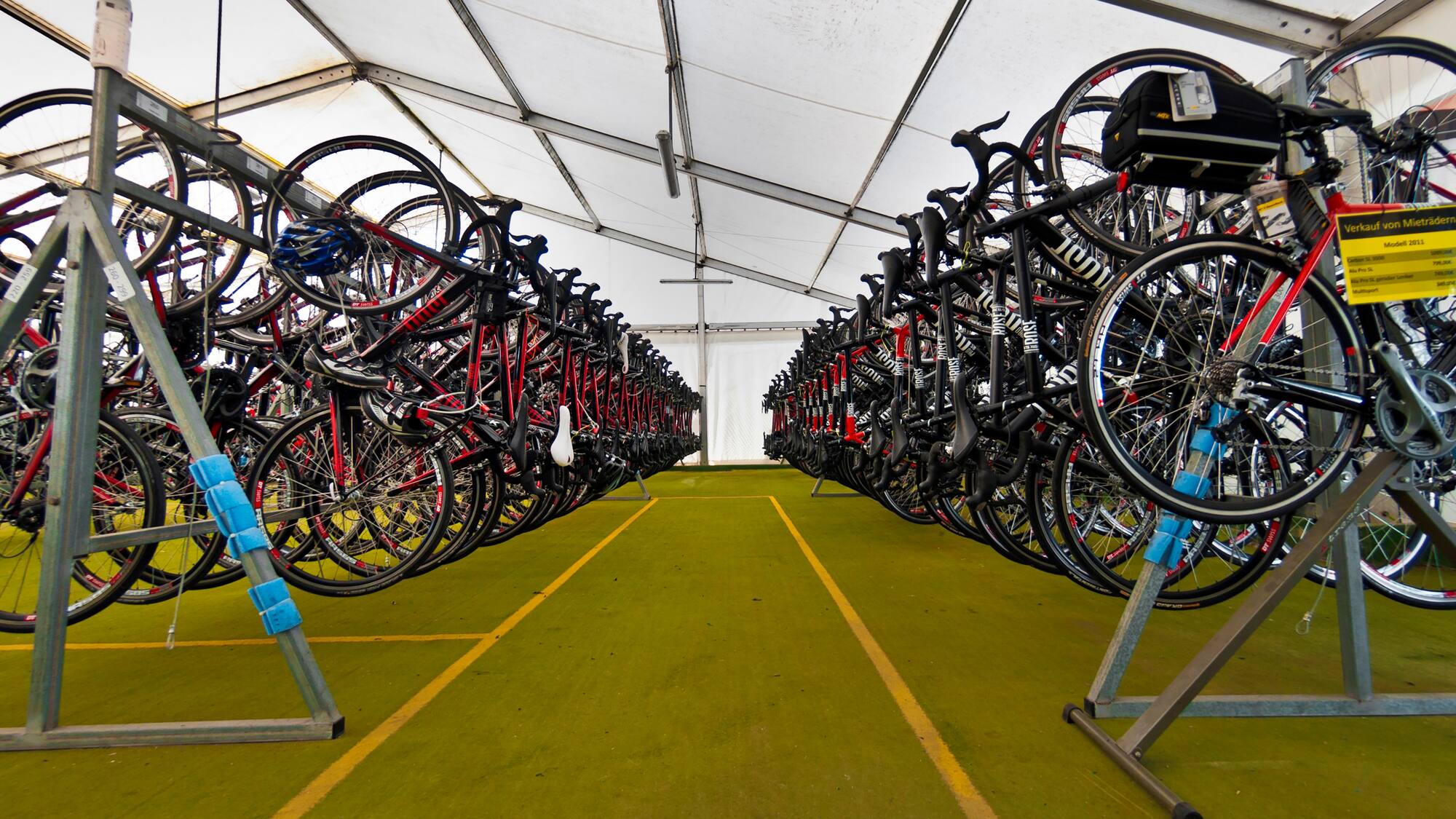 a group of bicycles in a tent