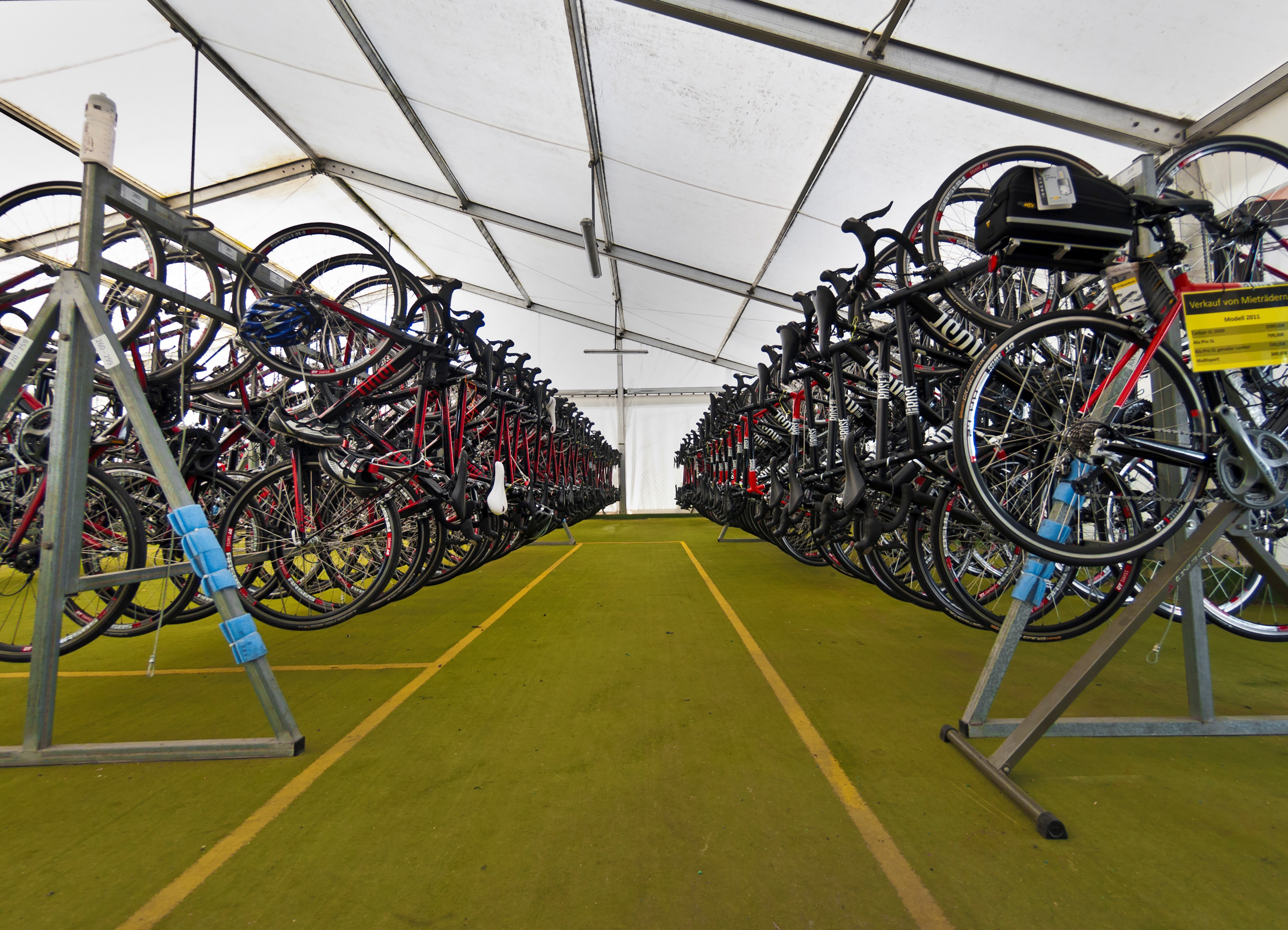 a group of bicycles in a tent
