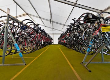 a group of bicycles in a tent