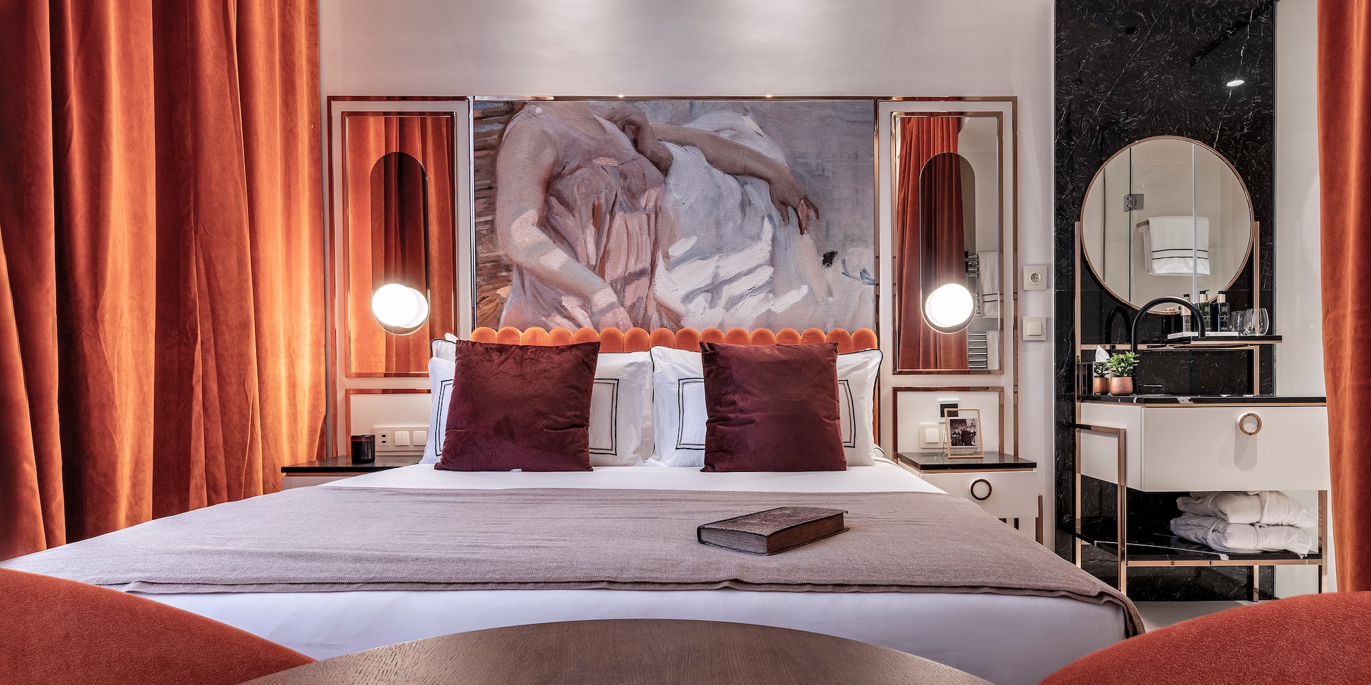 a room with a bed and a table