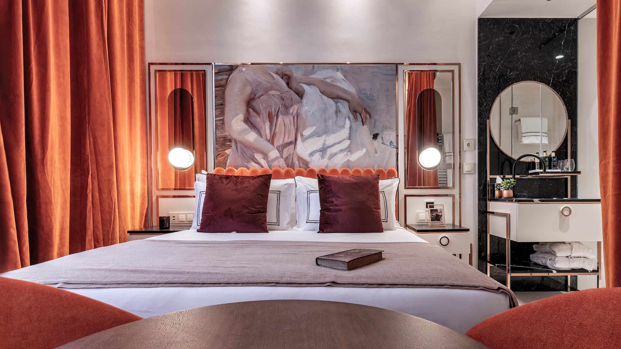 a room with a bed and a table