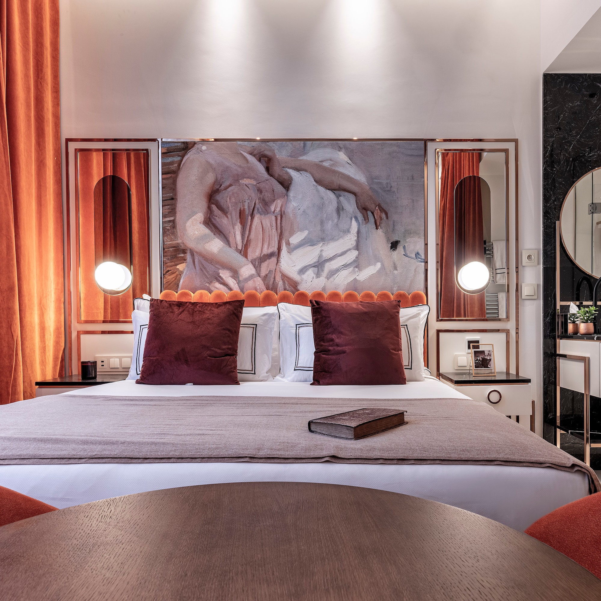 a room with a bed and a table