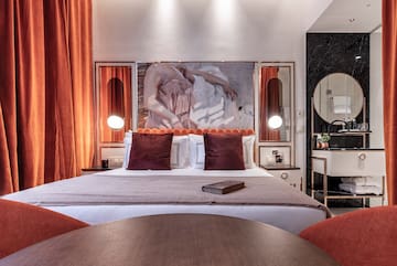 a room with a bed and a table