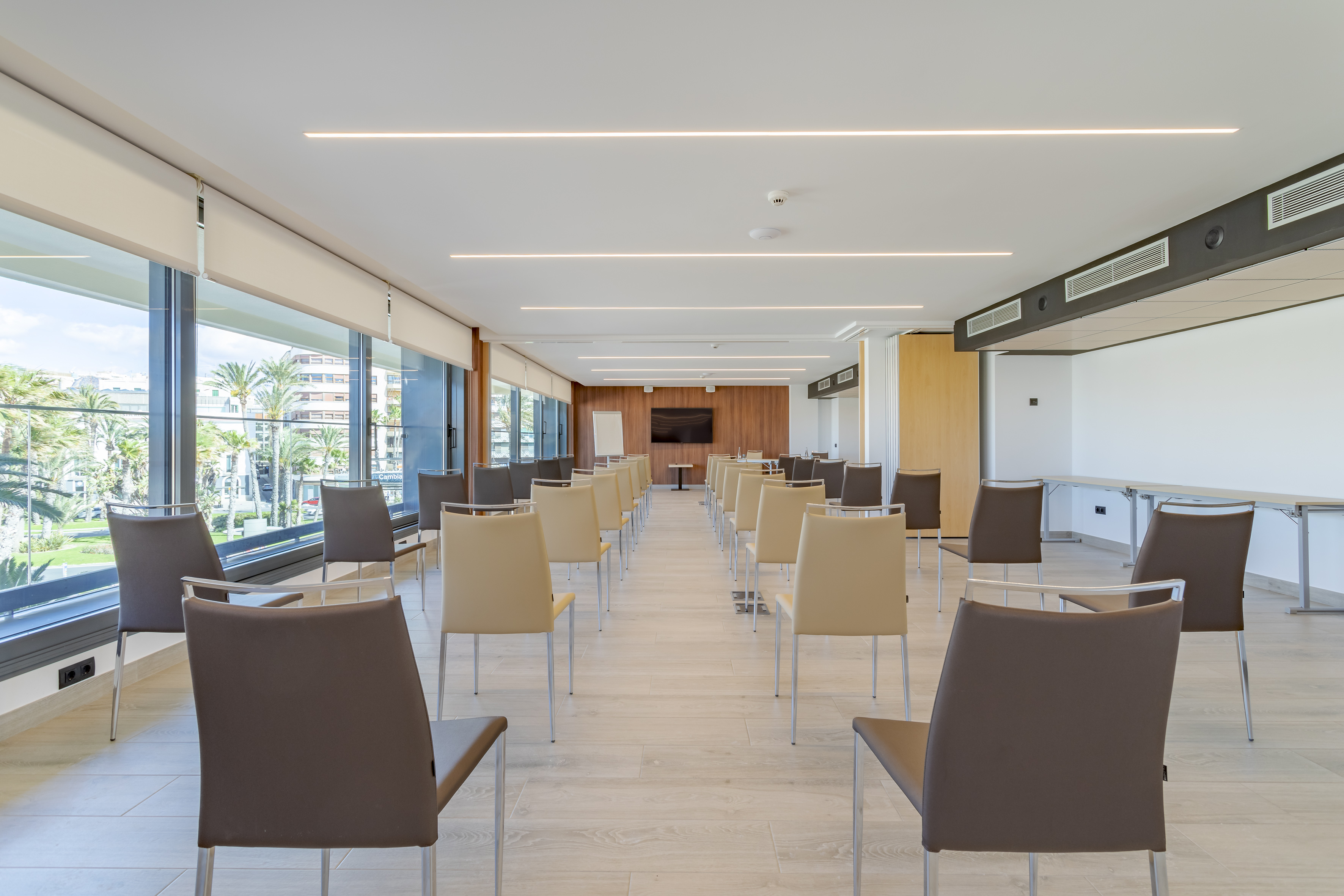 Modern hotel conference room, classroom setup, bright, with palm tree views.