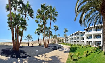 a building with palm trees and grass