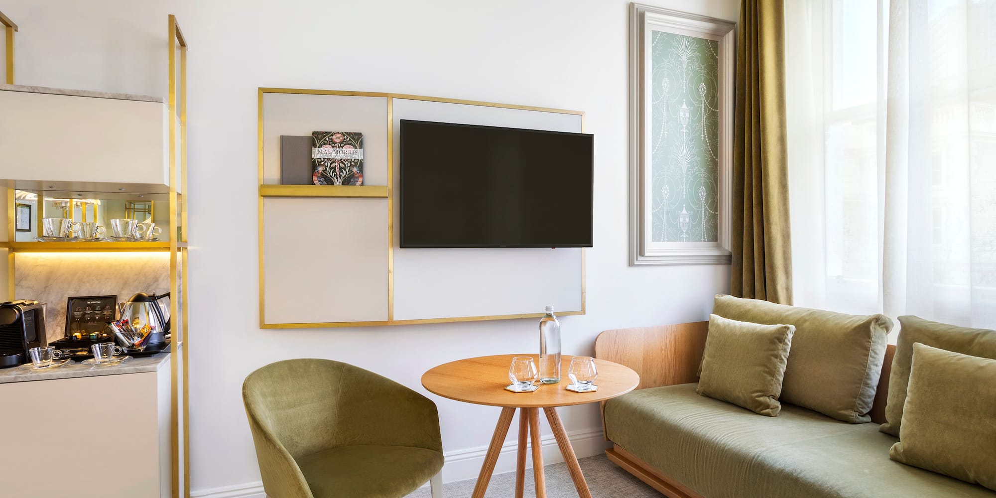 a room with a television and a table