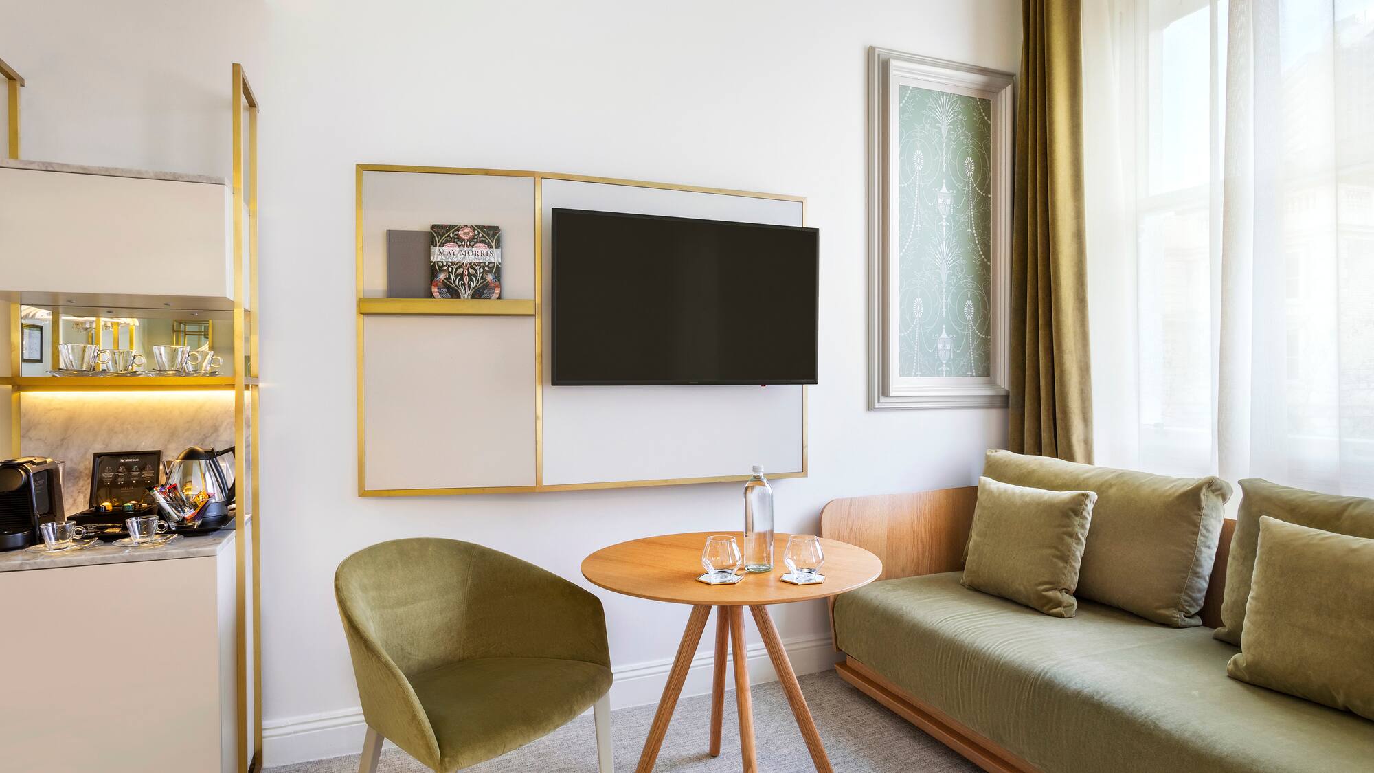 a room with a television and a table