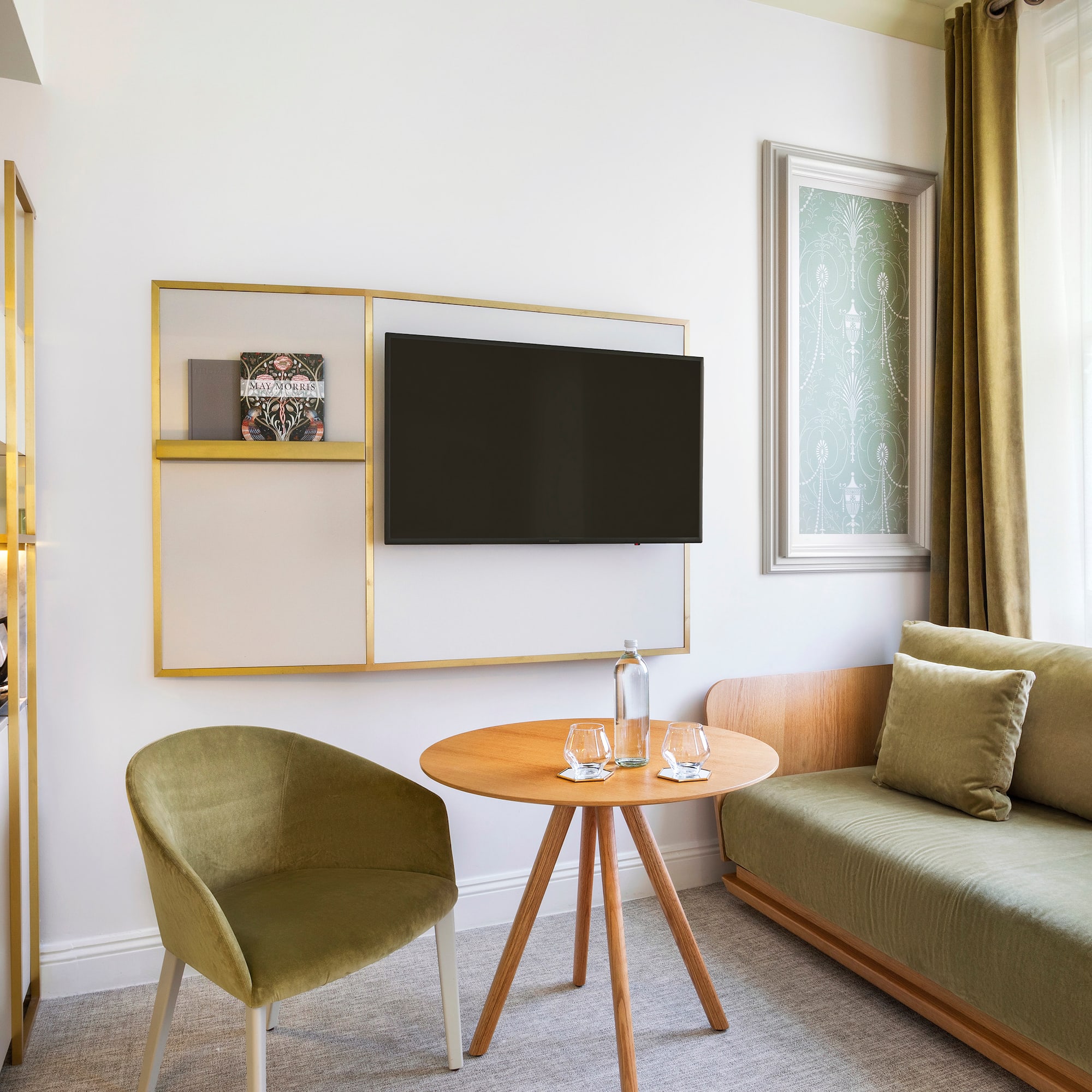 a room with a television and a table