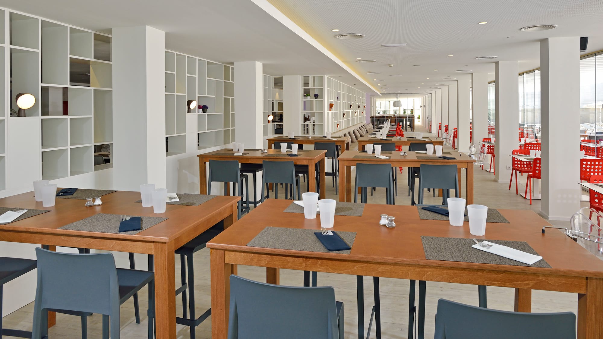 a room with tables and chairs