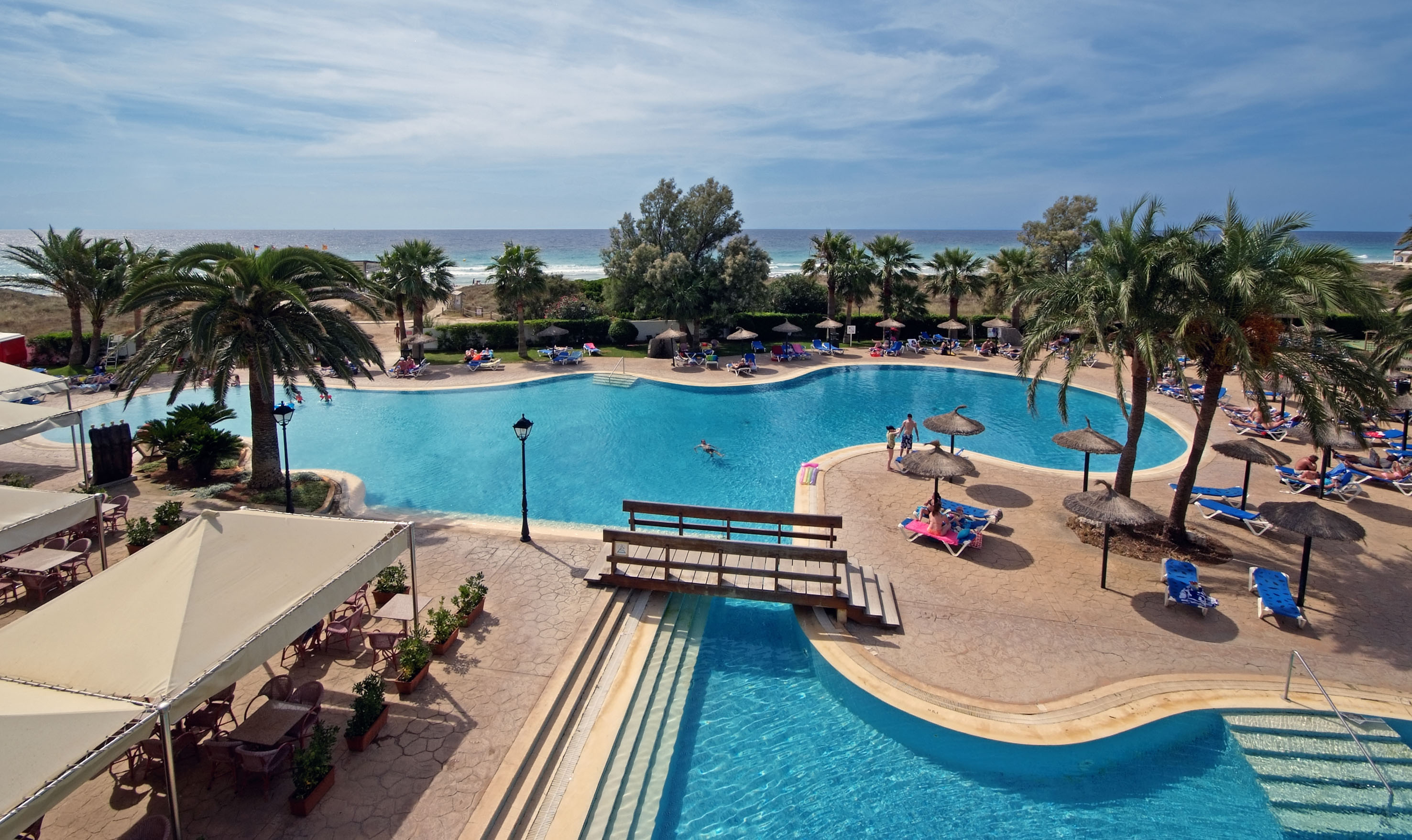 Tropical resort pool with palm trees, lounge chairs, and ocean beach.