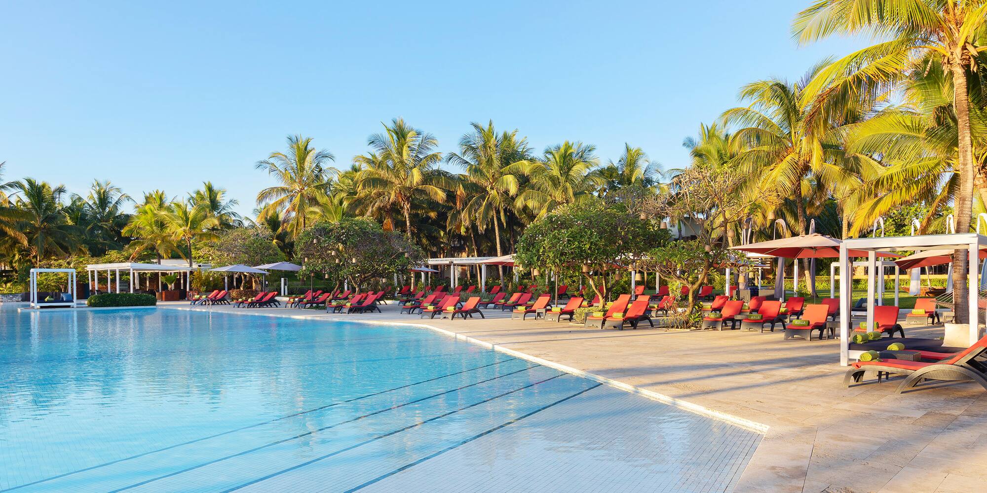 a pool with lounge chairs and trees