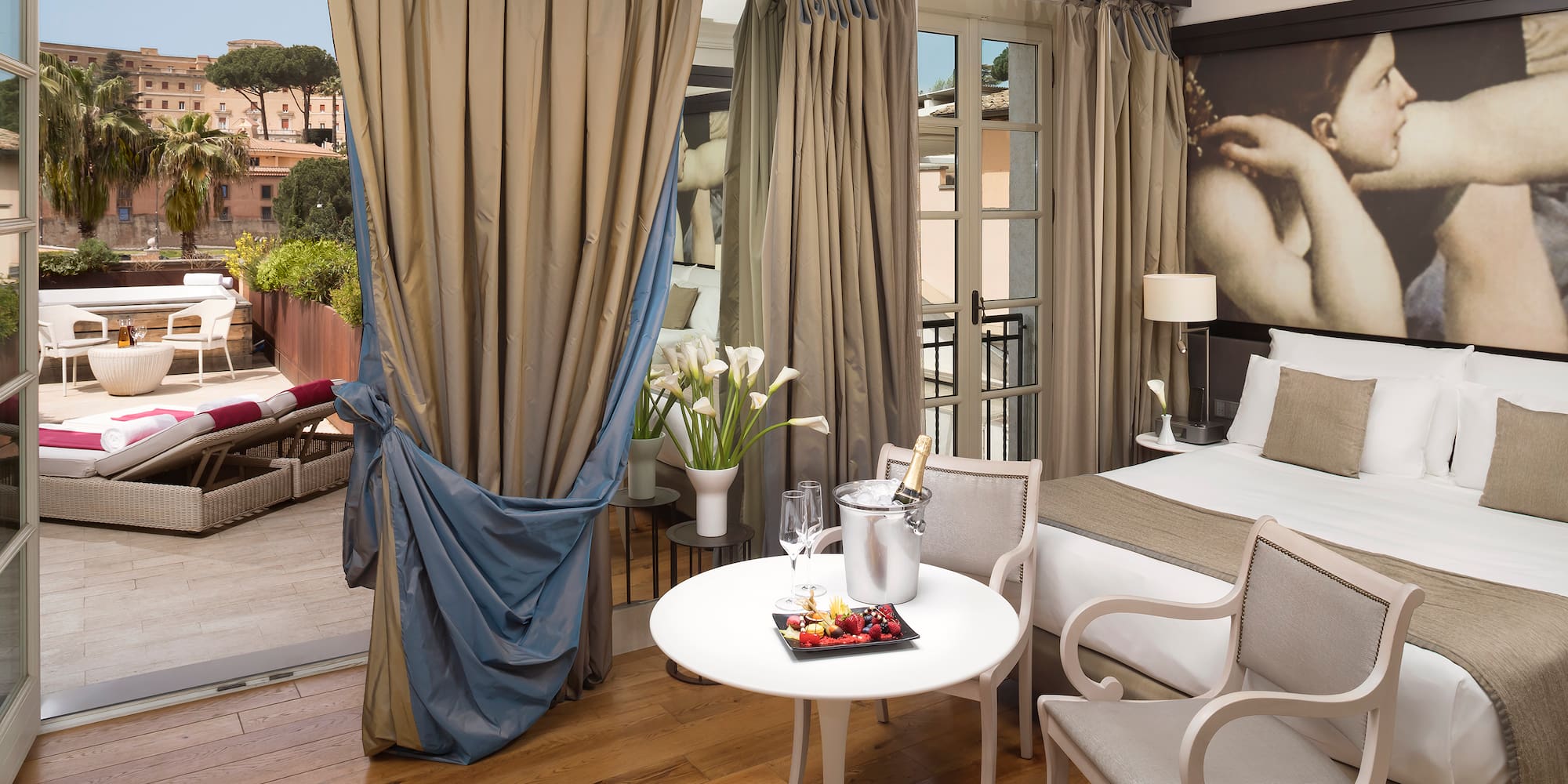 a room with a bed and a table