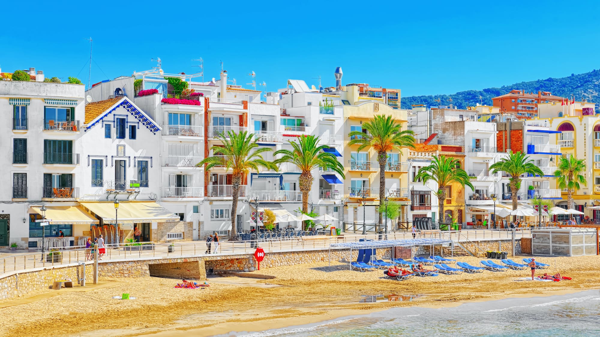 a beach with buildings and palm trees