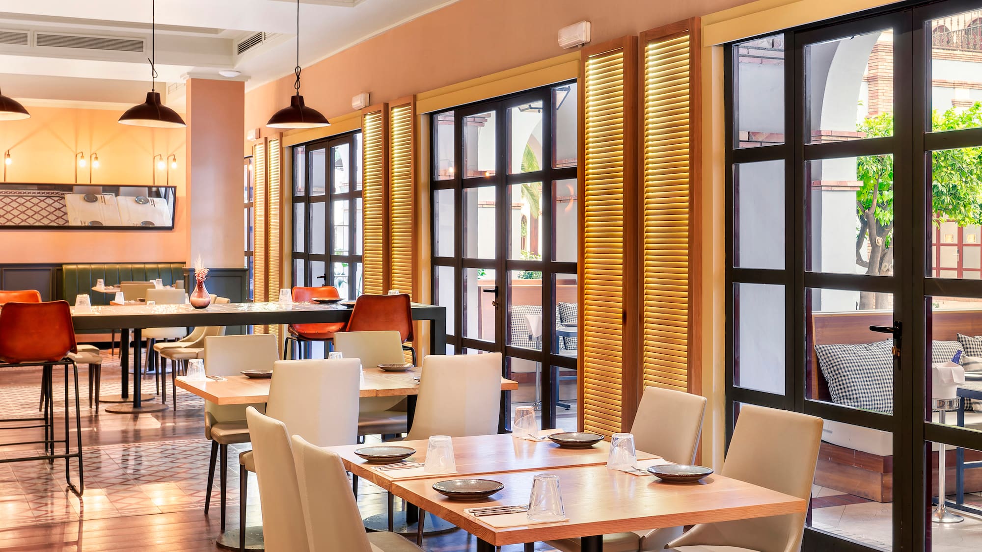 a room with tables and chairs