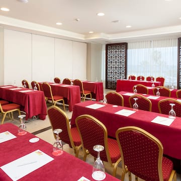 a room with tables and chairs