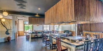 a large room with a large counter and chairs