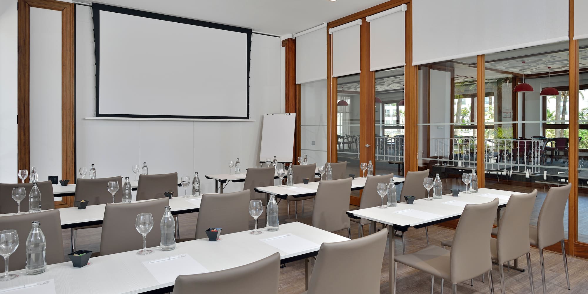 a room with tables and chairs