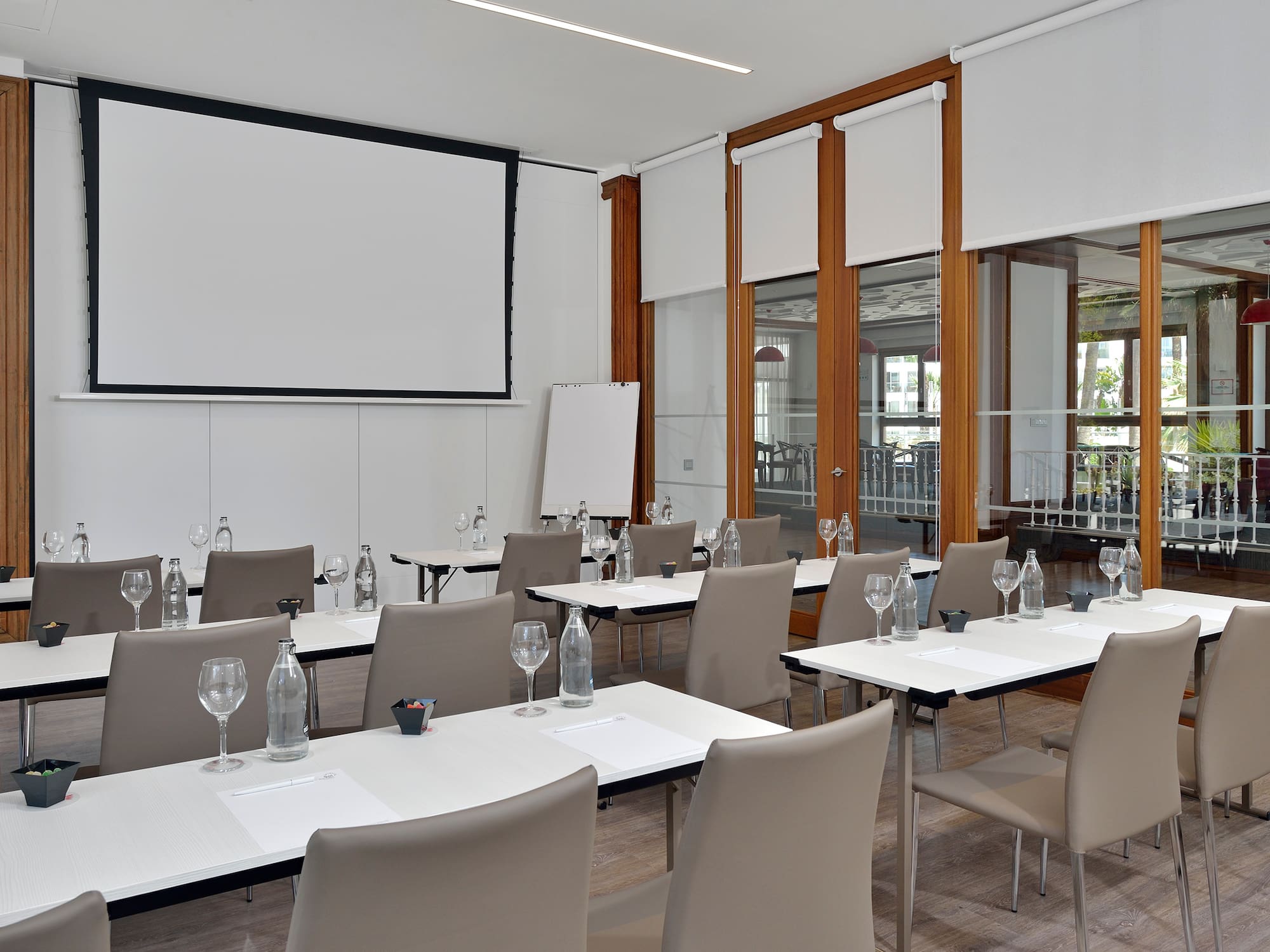 a room with tables and chairs