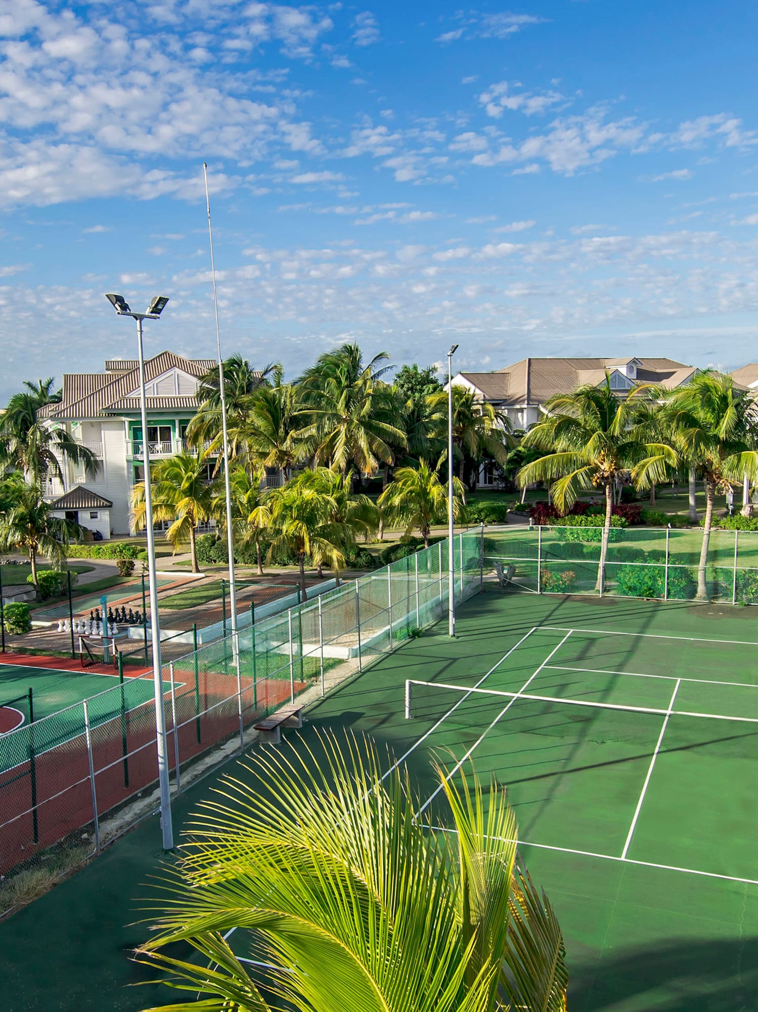 a tennis court with palm trees and houses
