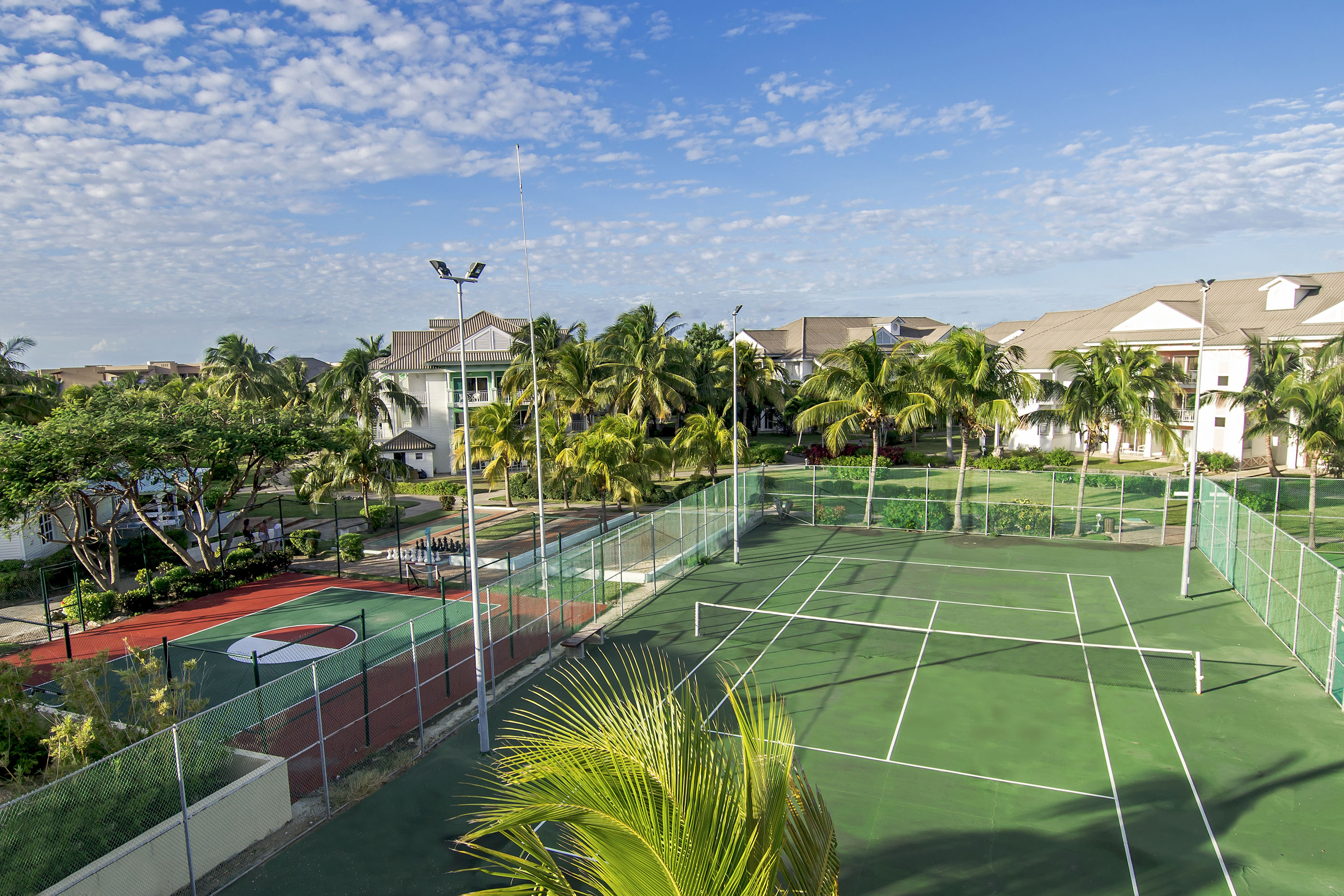 a tennis court with palm trees and houses