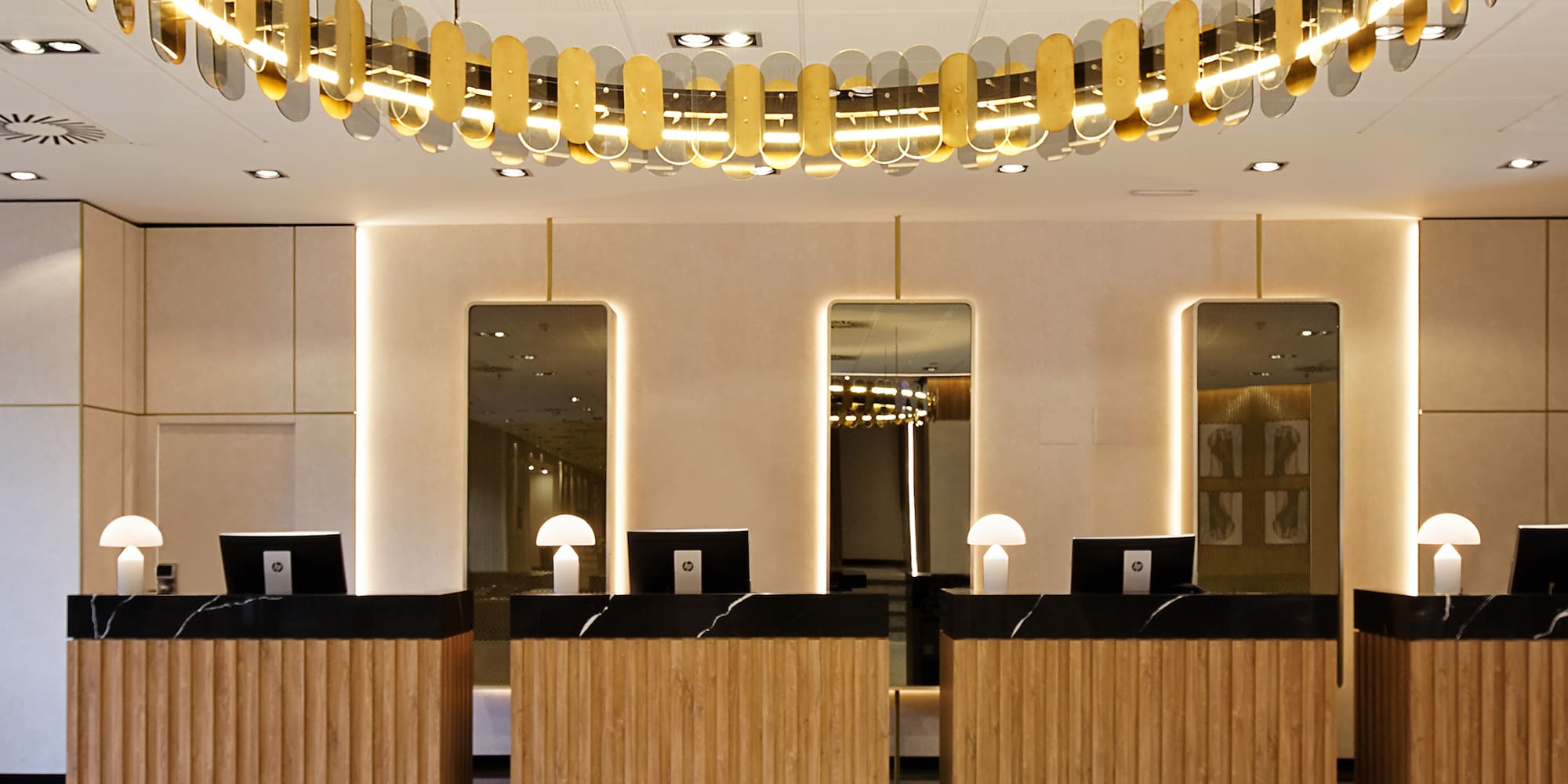 a reception desks in a hotel