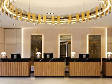 a reception desks in a hotel