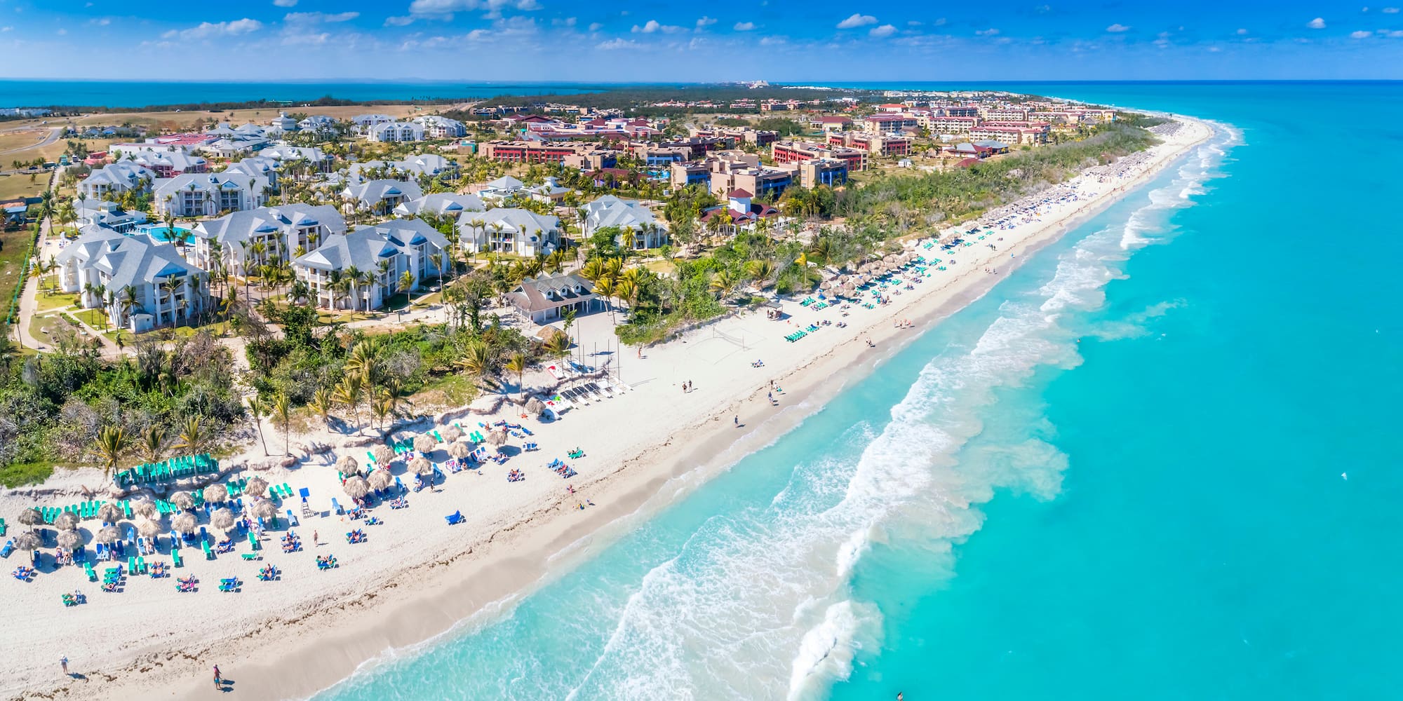 a beach with buildings and trees