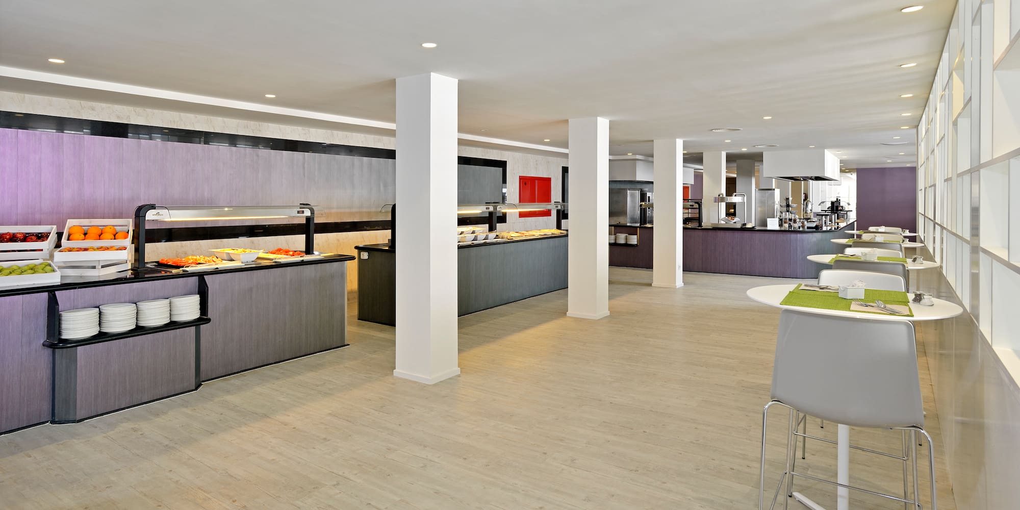 a large room with a buffet