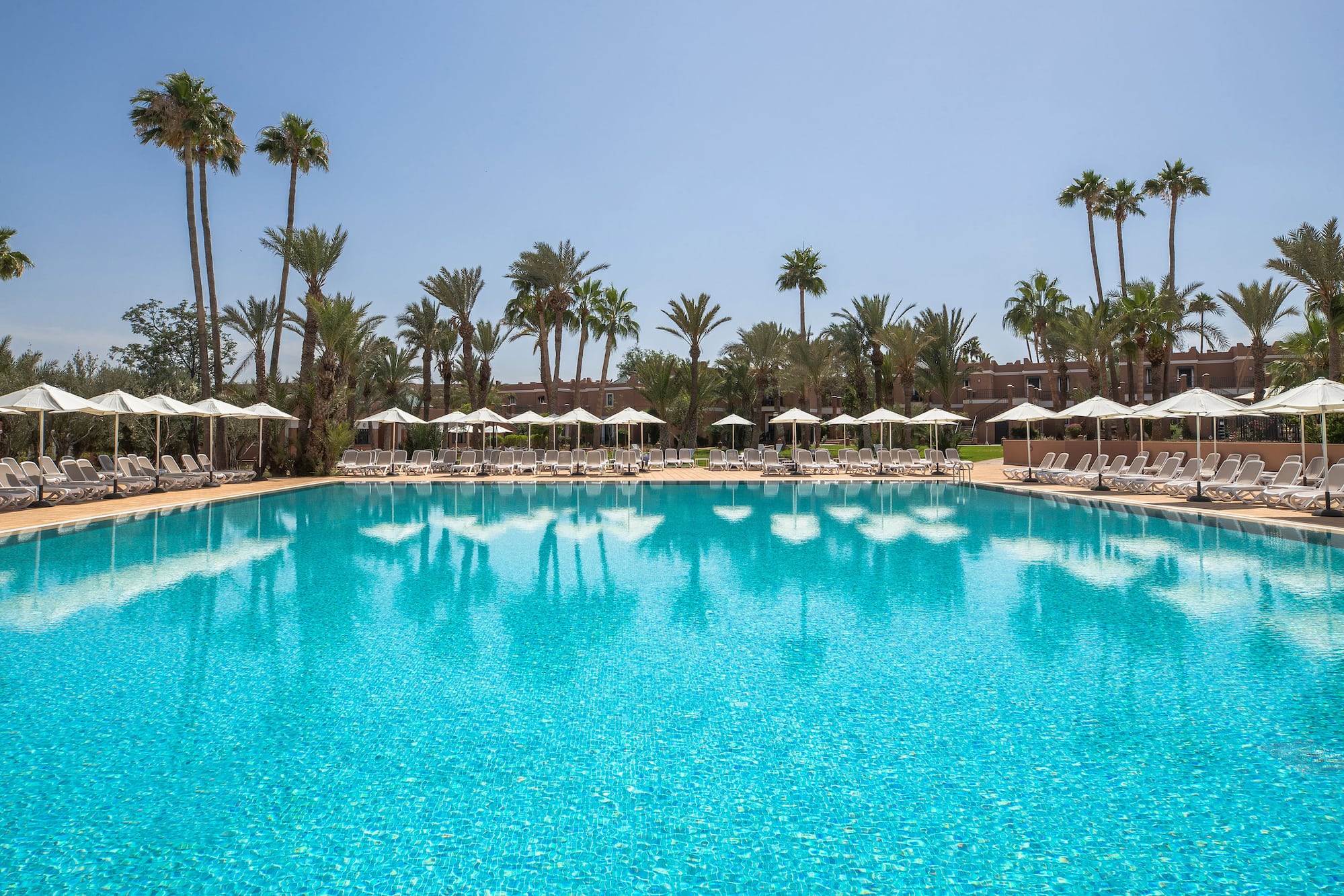 a pool with white umbrellas and palm trees