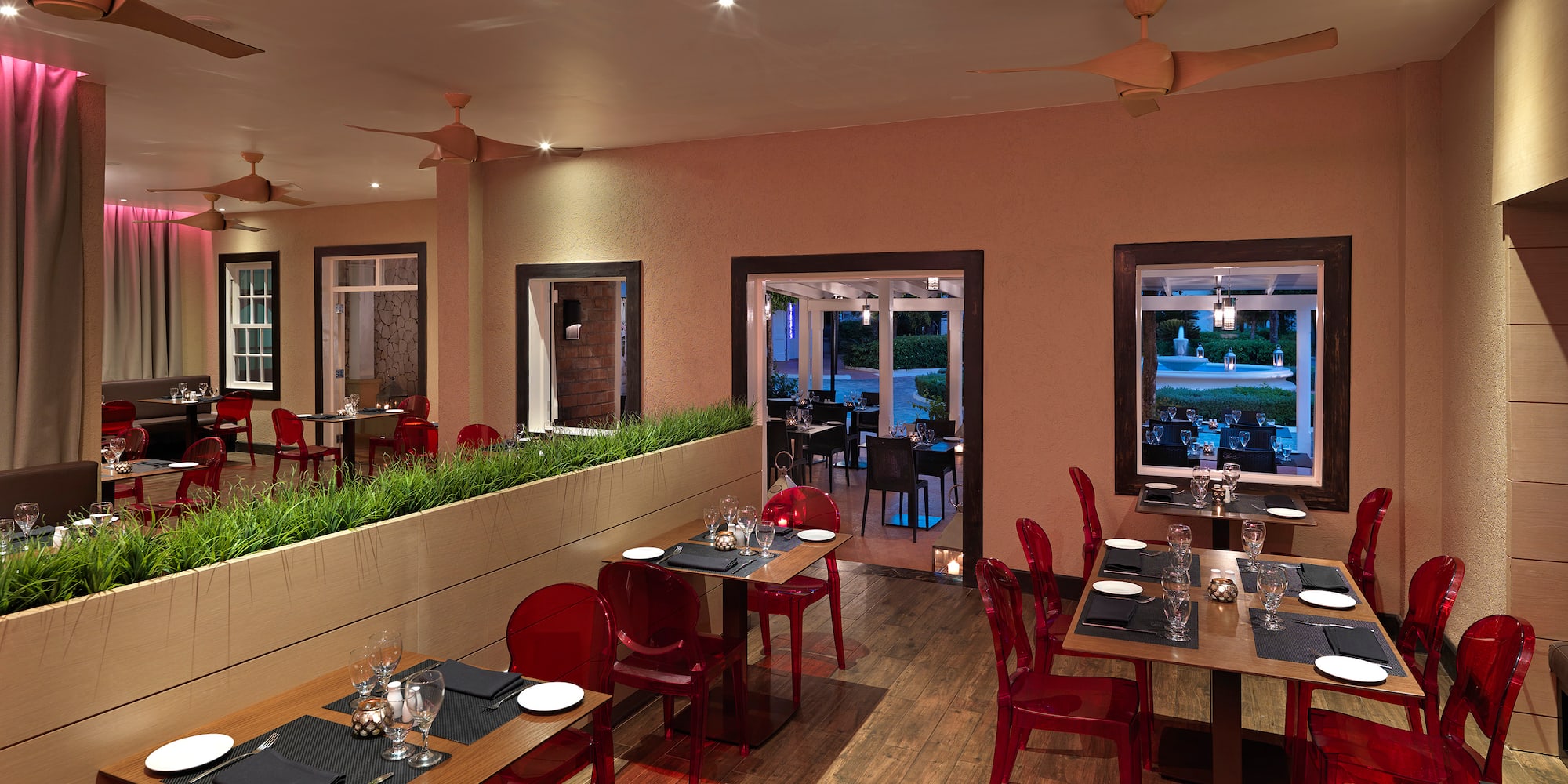 a room with tables and chairs