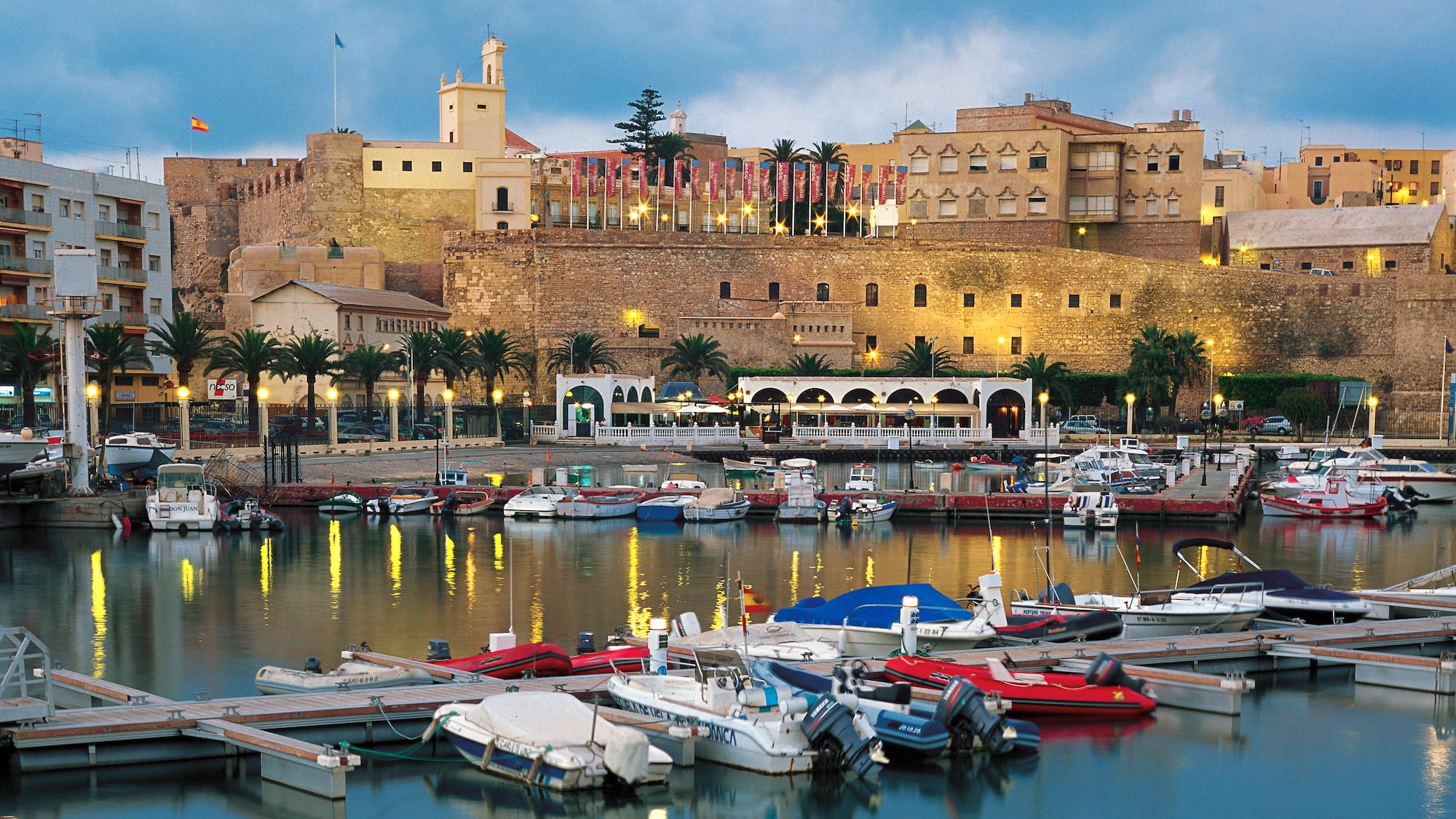 boats in a harbor with a castle in the background
