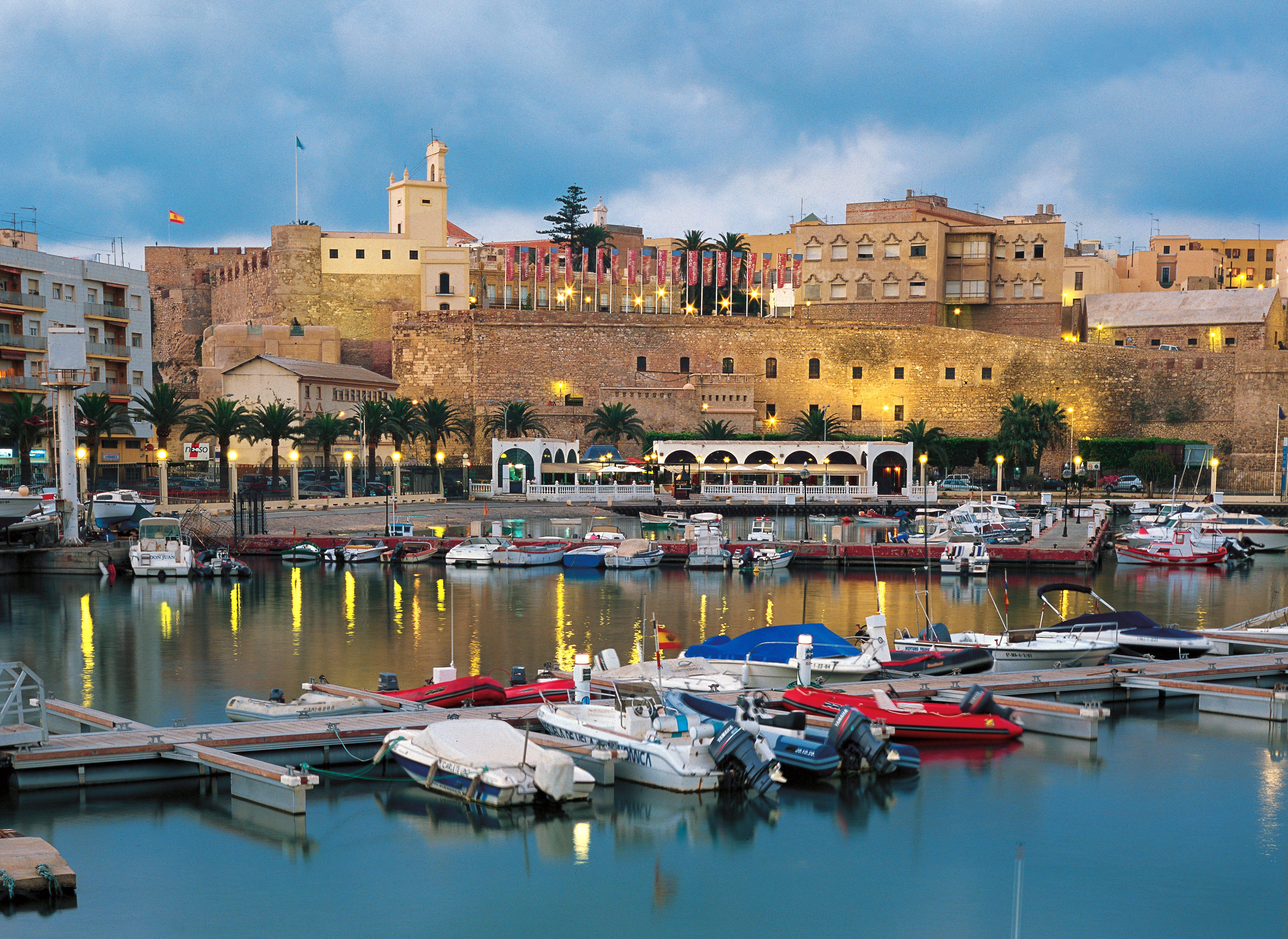boats in a harbor with a castle in the background