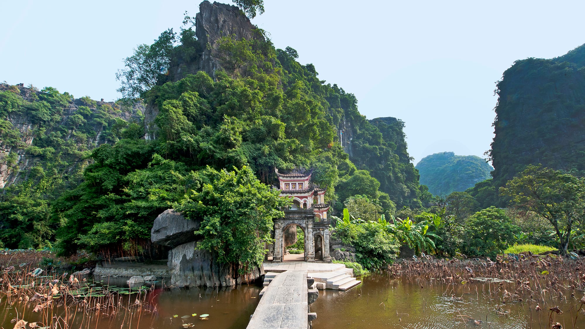 a bridge over water with trees and a building in the background