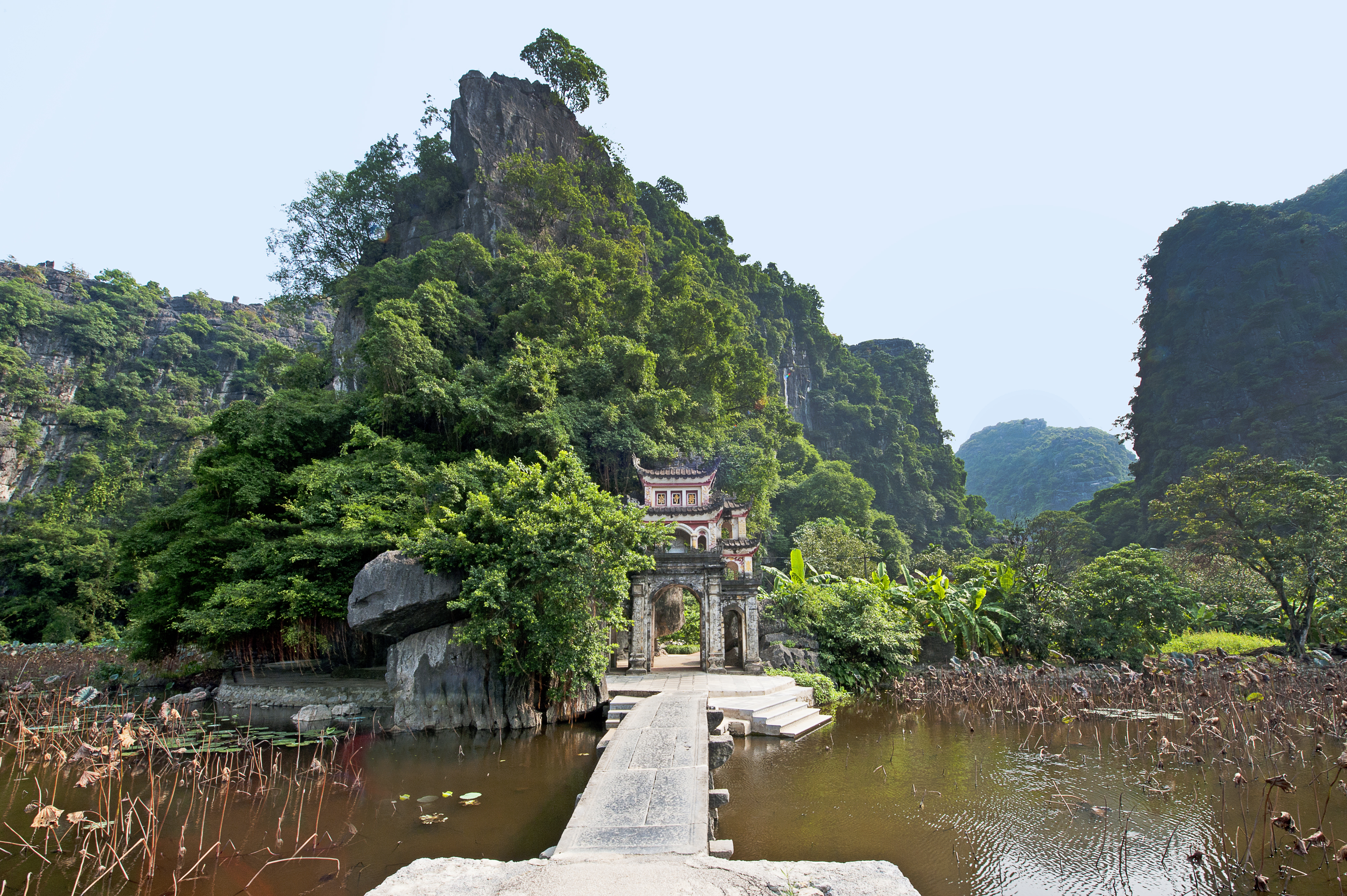 a bridge over water with trees and a building in the background