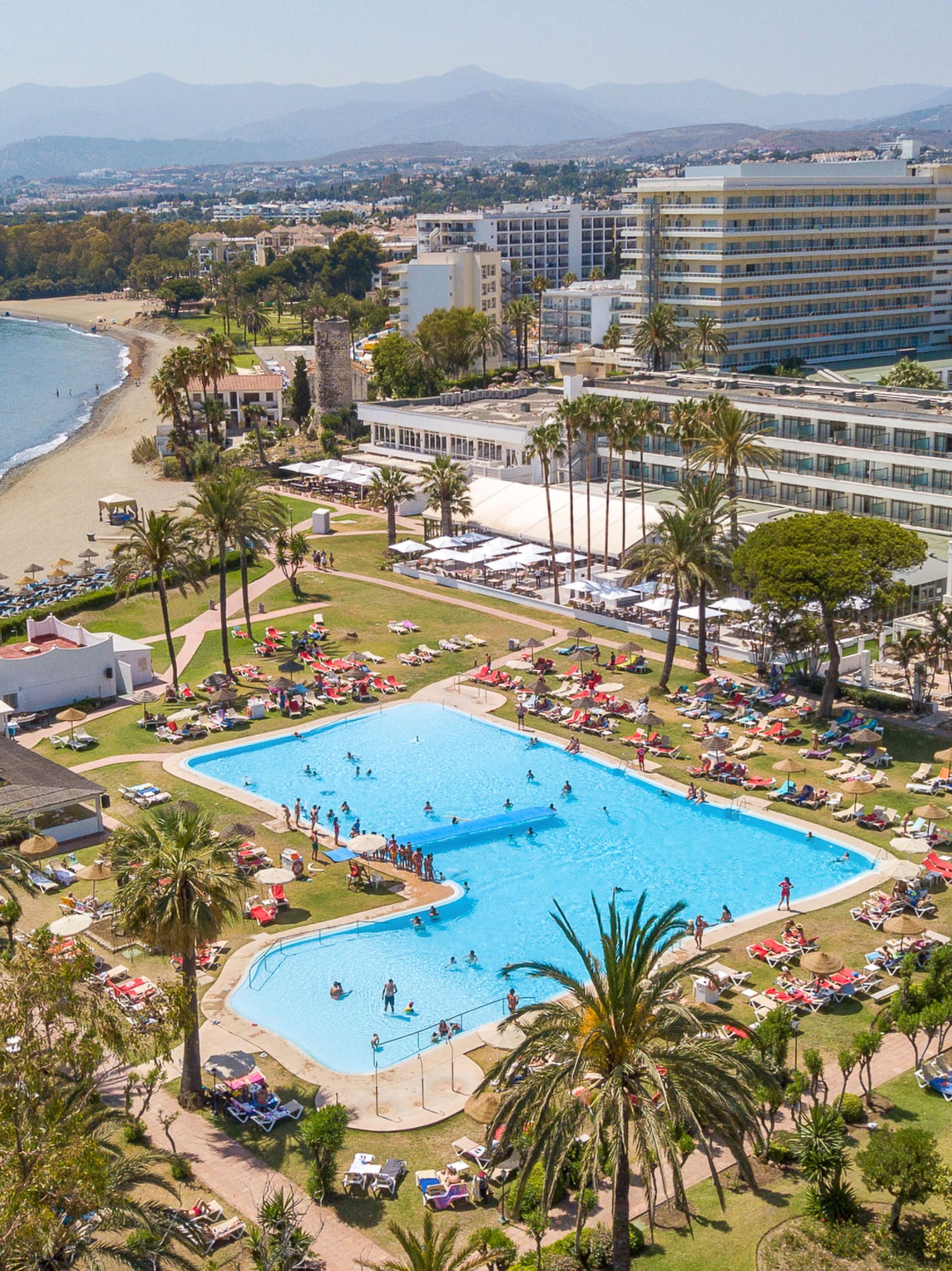 a swimming pool and a beach with palm trees
