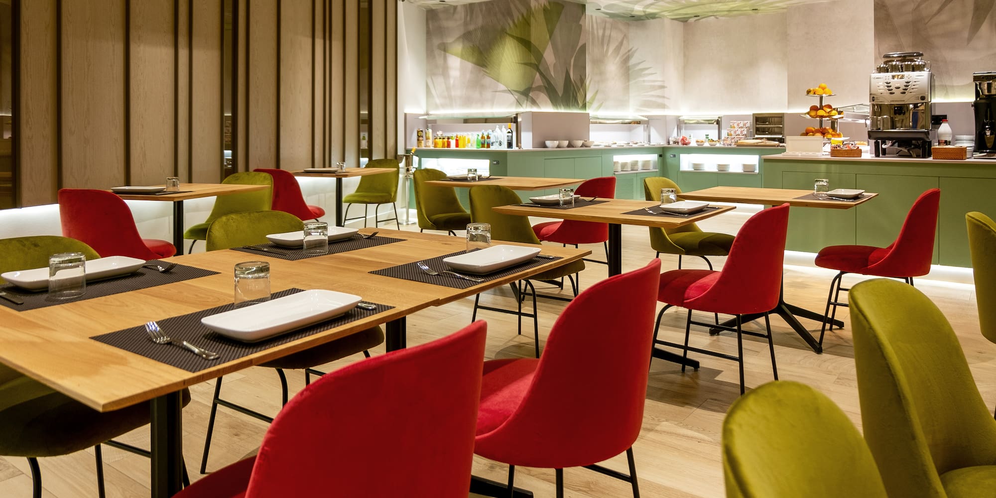 a room with tables and chairs