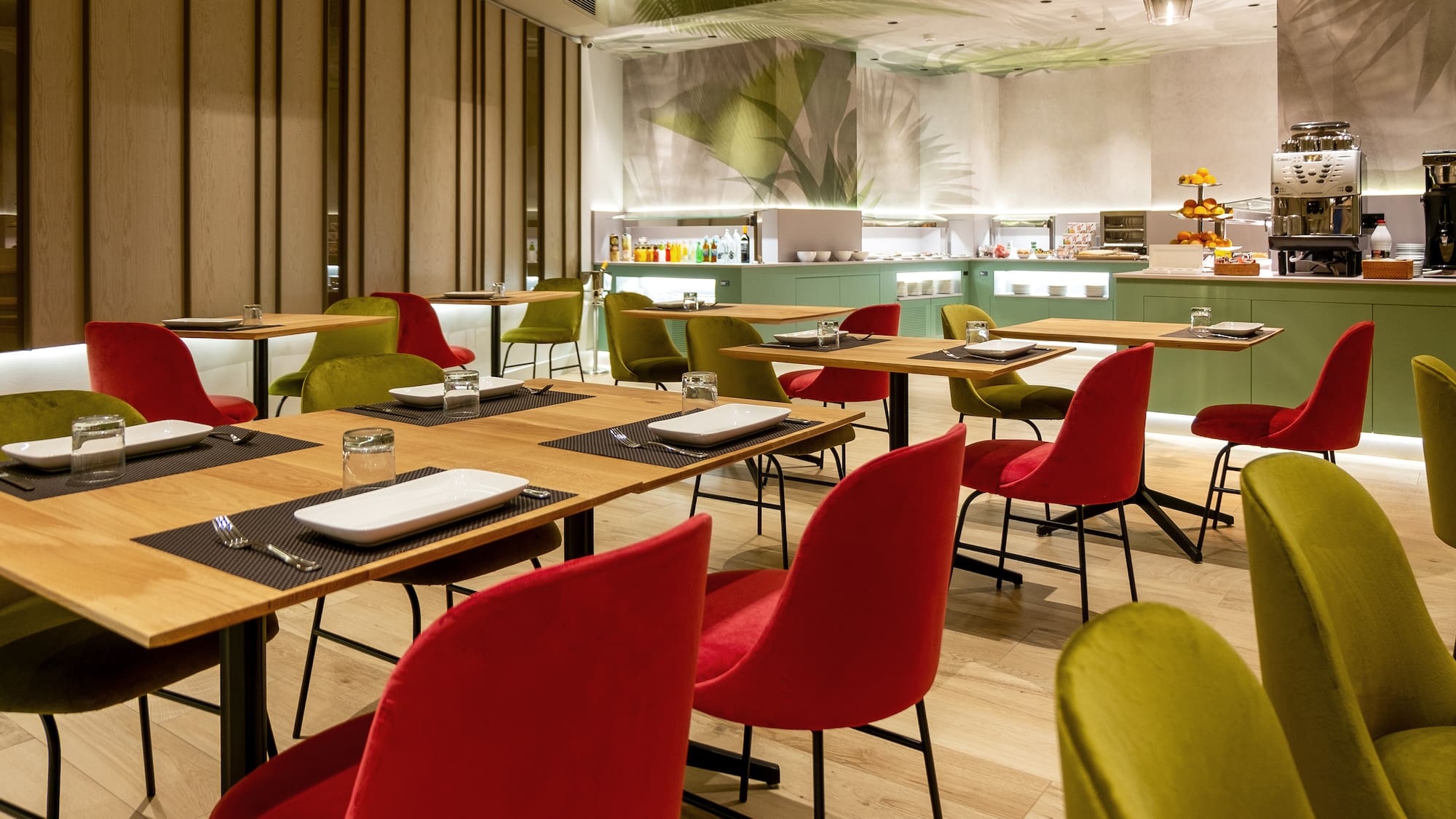 a room with tables and chairs