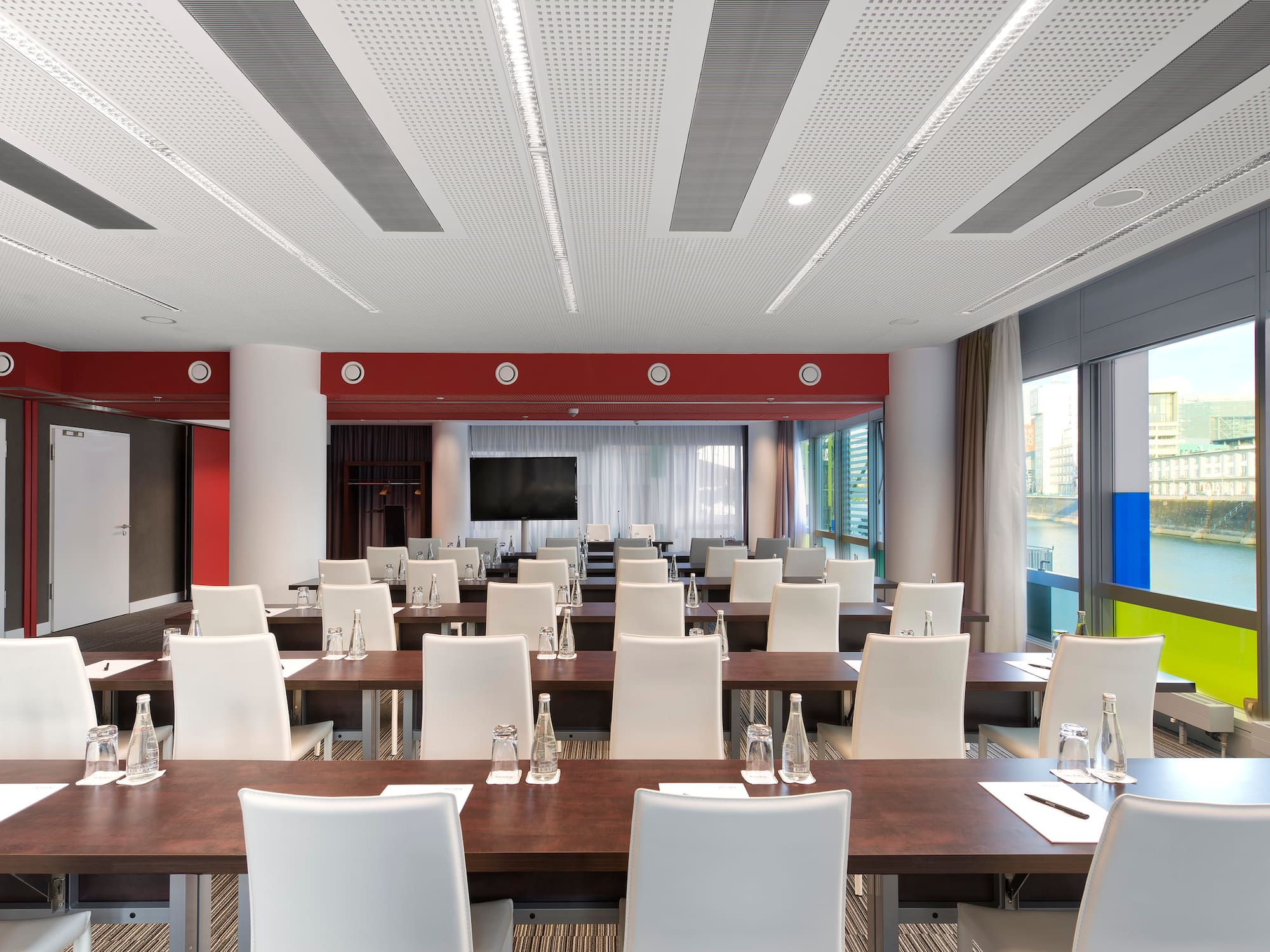 a room with tables and chairs