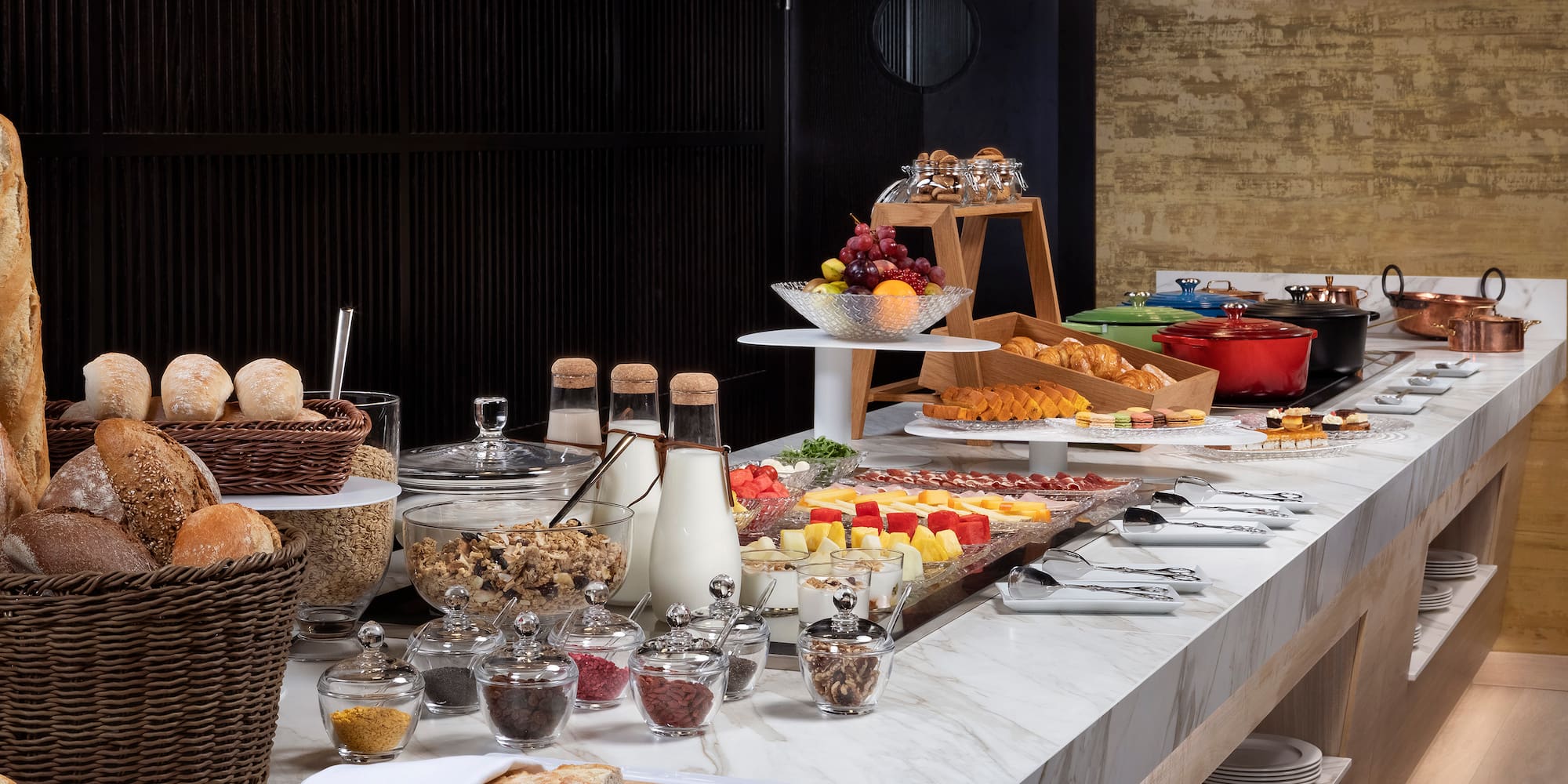 a buffet table with food on it
