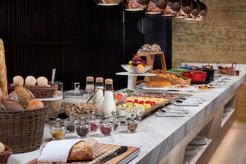 a buffet table with food on it