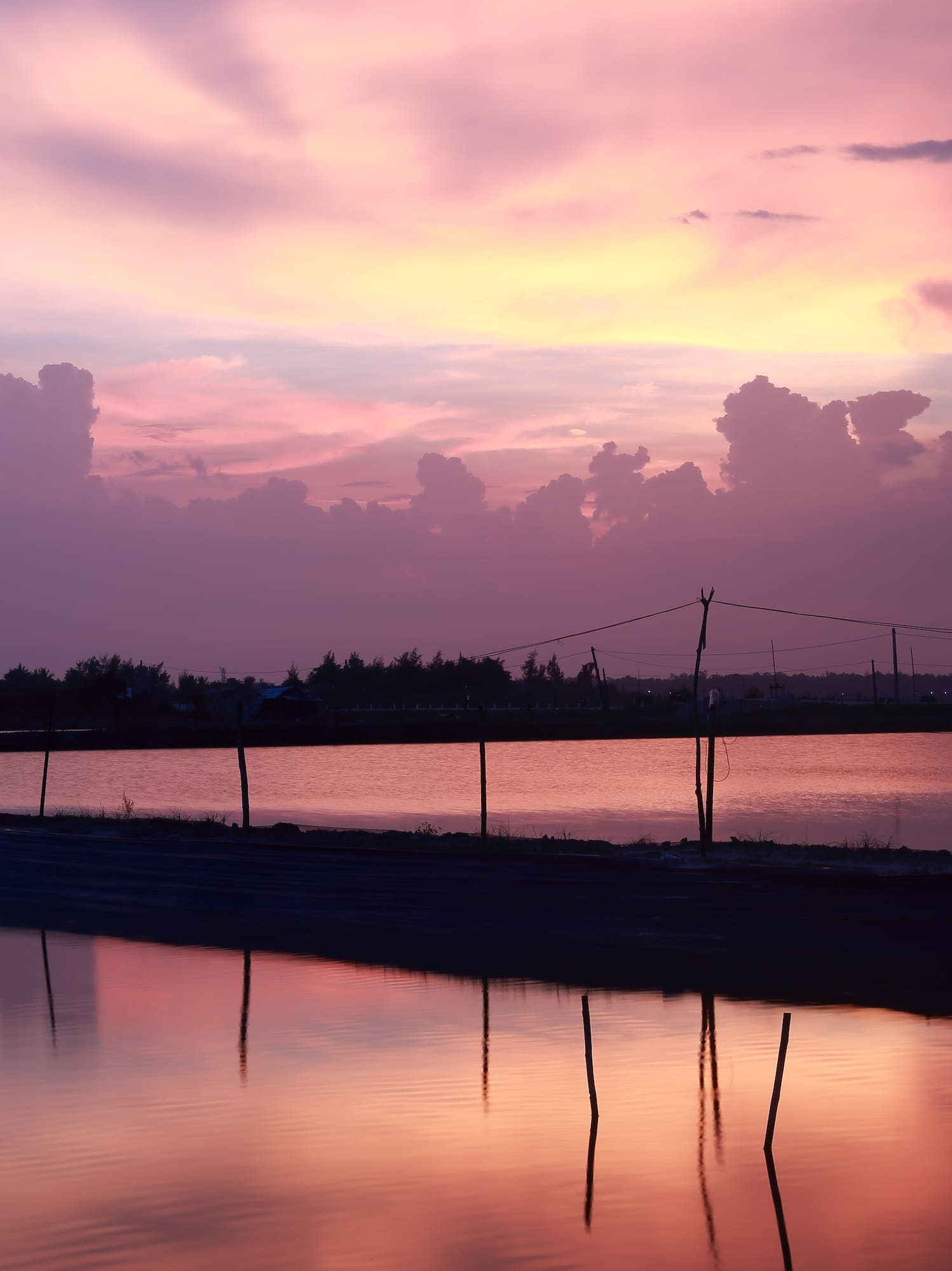 a body of water with a fence and trees in the background
