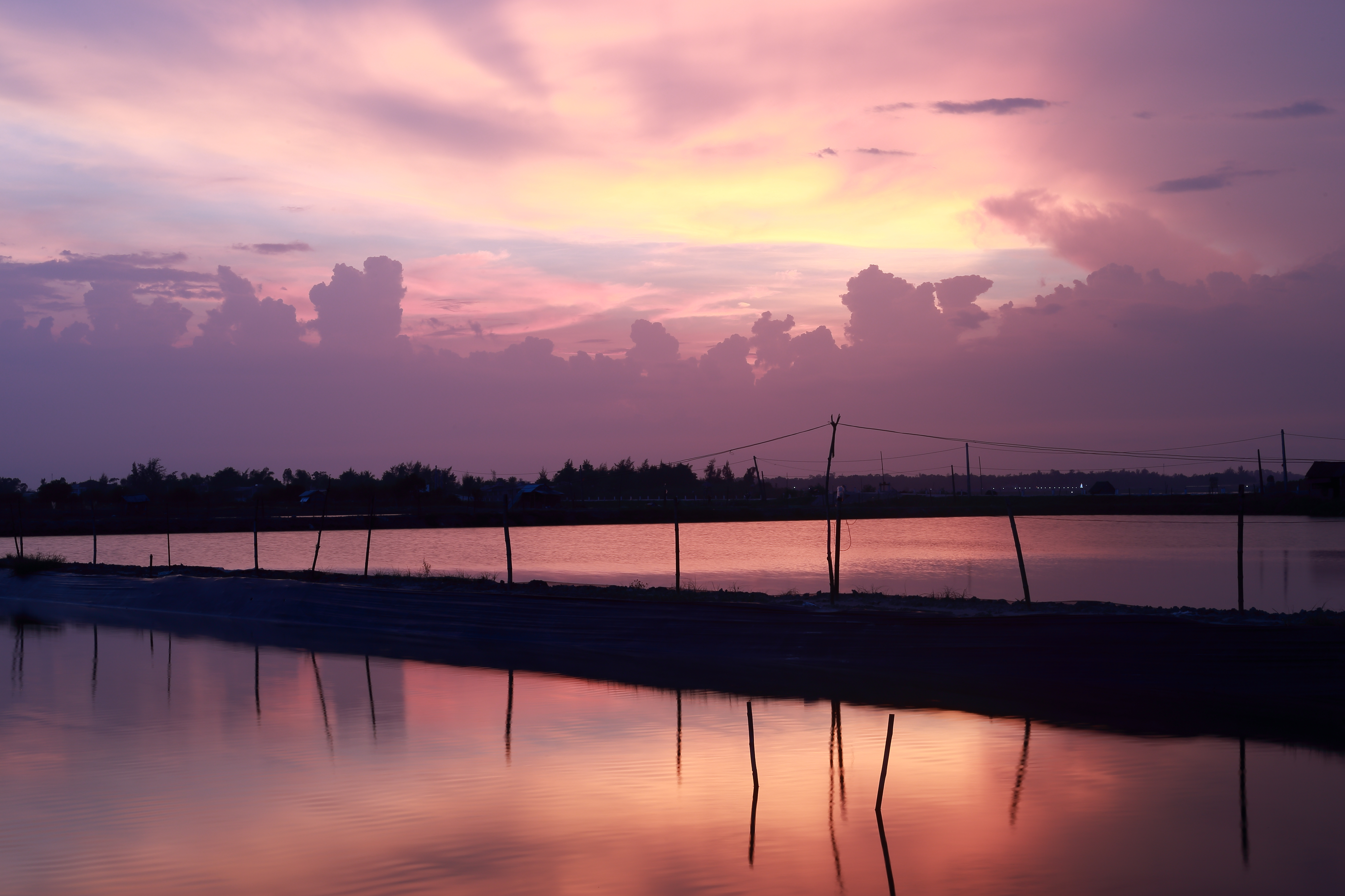a body of water with a fence and trees in the background