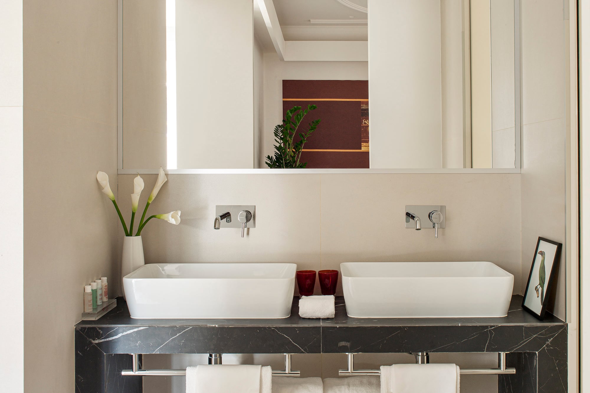 a bathroom with two sinks and a mirror