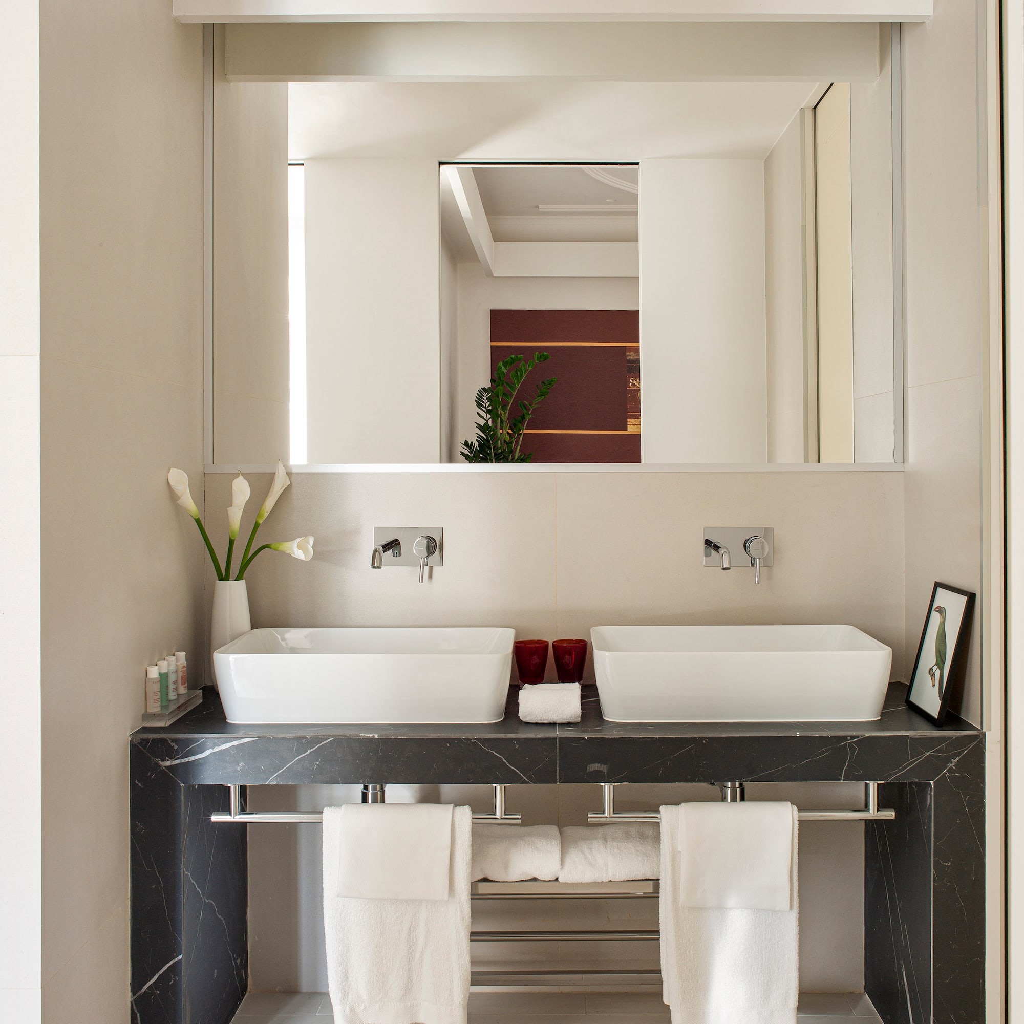 a bathroom with two sinks and a mirror
