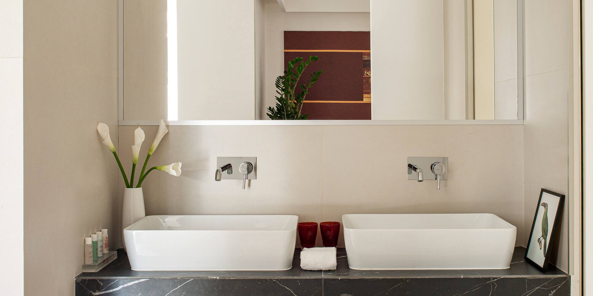 a bathroom with two sinks and a mirror