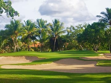 a golf course with sand bunkers and palm trees